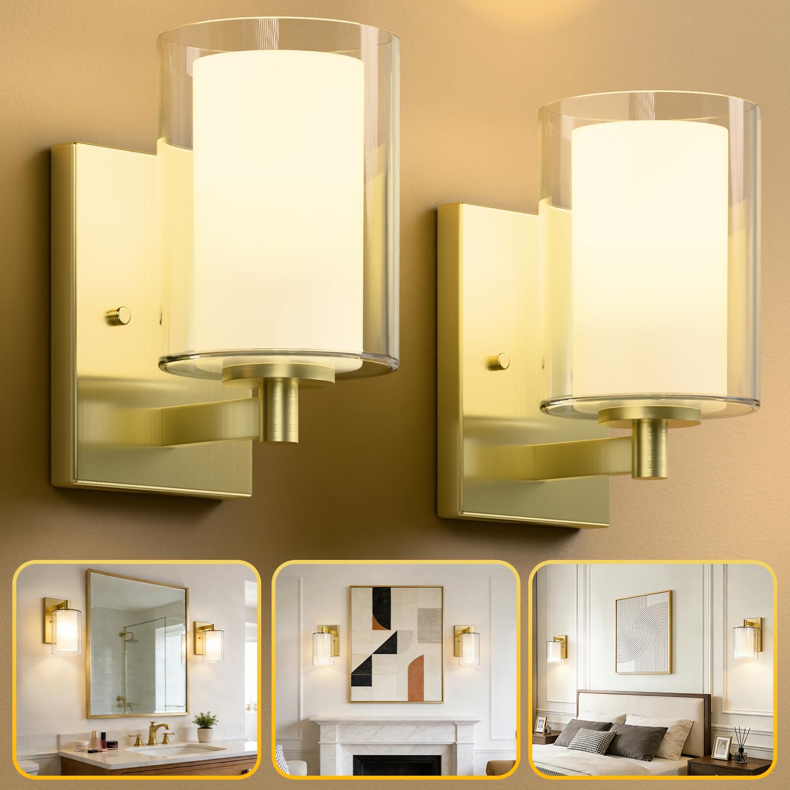 Kalium Wall Sconces Set of Two, Modern Vanity Lights with Double Clear Glass Shade Matte Black Indoor Farmhouse Wall Lights for Bathroom Living Room Bedroom Mirror Hallway Bulb E26 Base (2PCS)