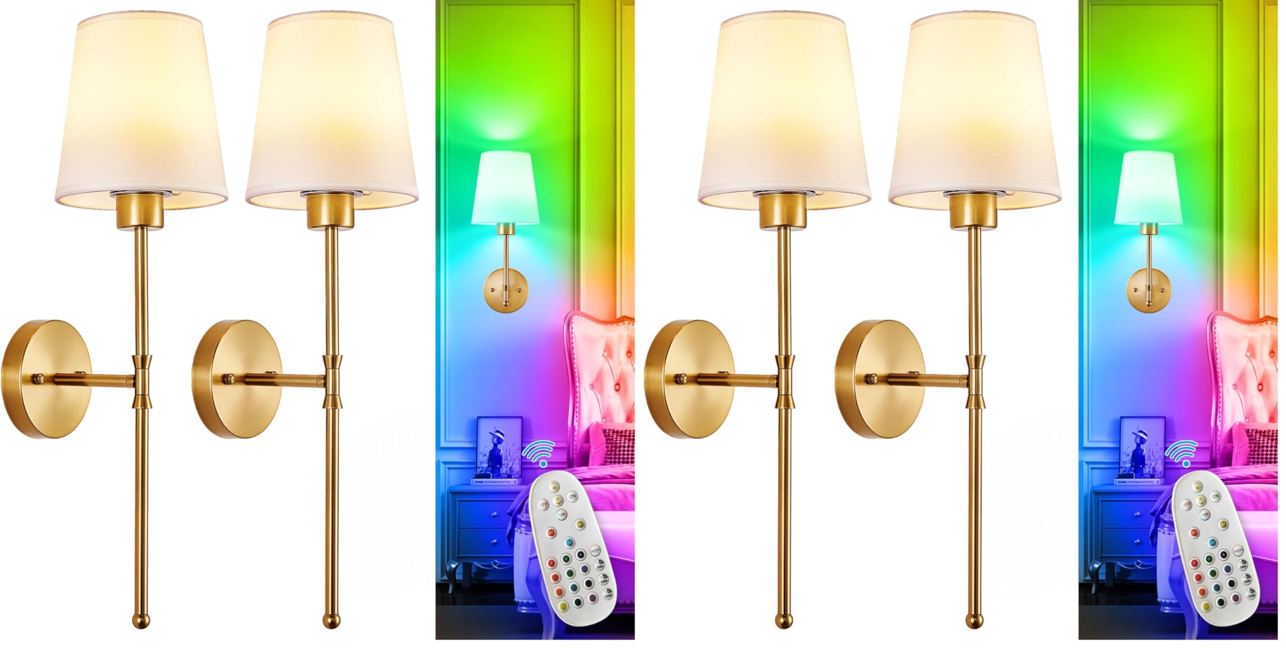 Depuley Battery Operated Wall Sconce: Set of 2 Wireless Wall Lights with 10000mAh Dimmable Bulbs and Remote for Bedroom - Rechargeable 15 Colors Gold Wall Lamp for Living Room Hallway