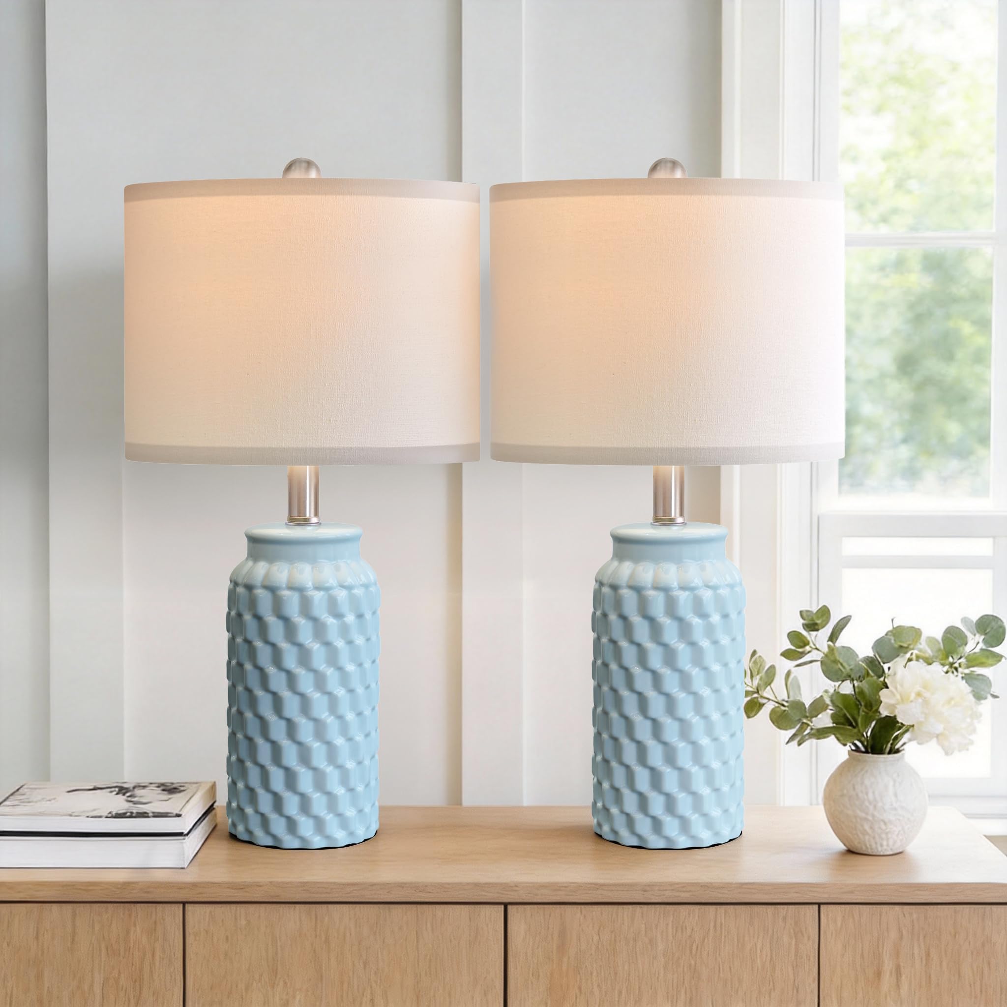 USumkky 20.5" White Modern Ceramic Bedside Lamp Set of 2 for Bedroom Decor Farmhouse Table Lamp for Living Room Office Dorm