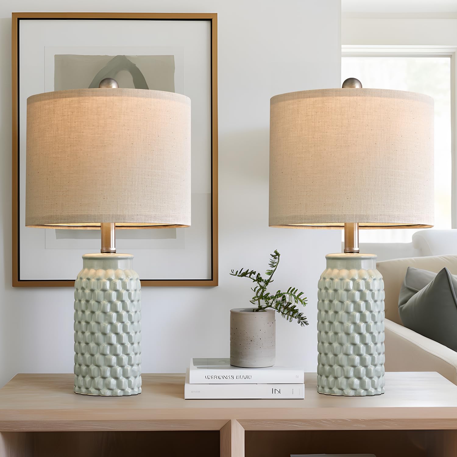 USumkky 20.5" White Modern Ceramic Bedside Lamp Set of 2 for Bedroom Decor Farmhouse Table Lamp for Living Room Office Dorm