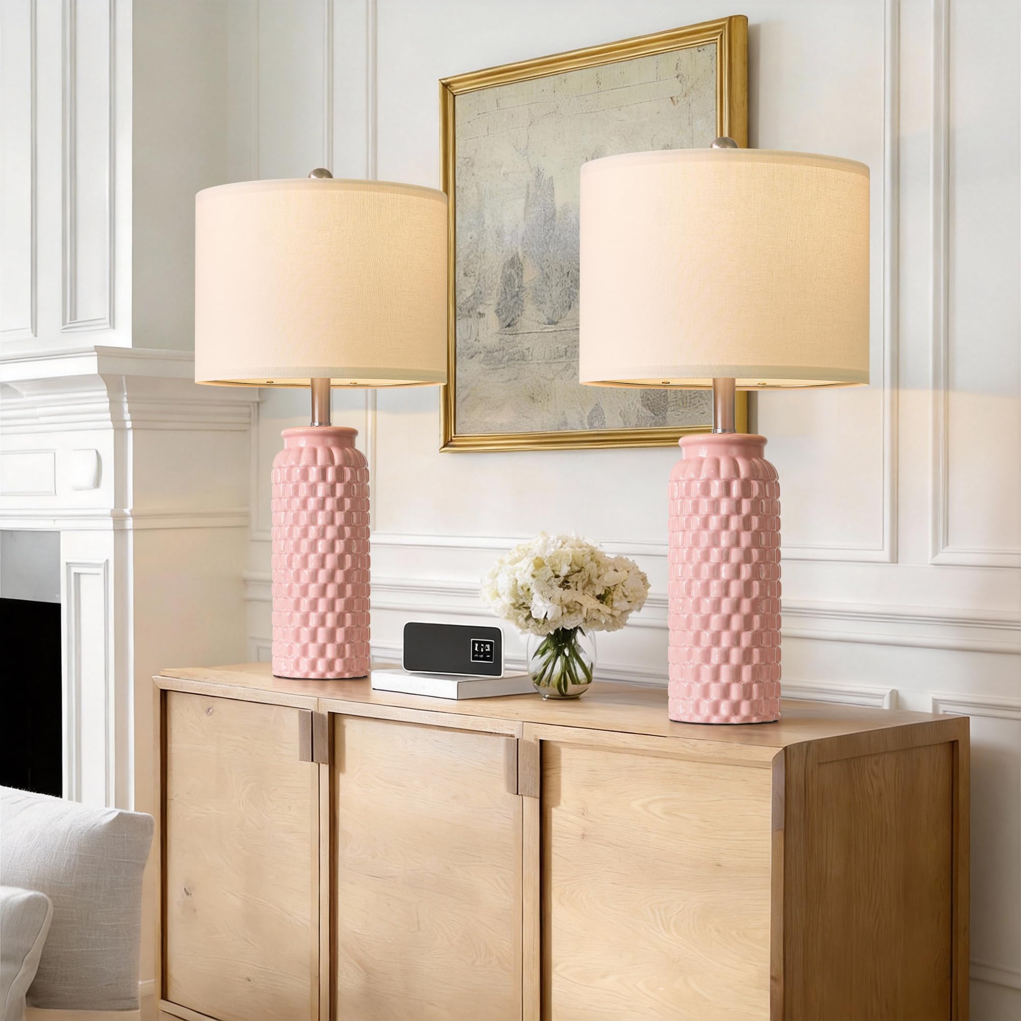 USumkky 20.5" White Modern Ceramic Bedside Lamp Set of 2 for Bedroom Decor Farmhouse Table Lamp for Living Room Office Dorm