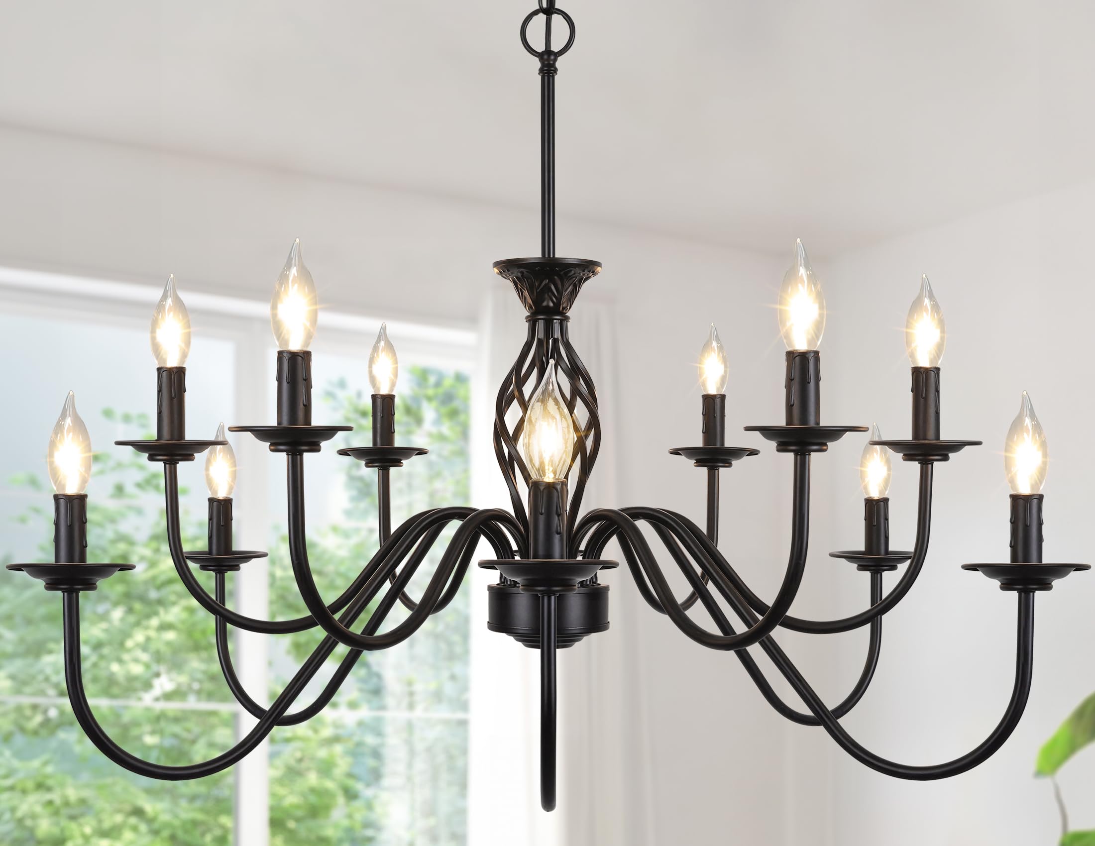6-Light Farmhouse Candle Chandelier for Living Room, Rustic Industrial Pendant Ceiling Light fixture, Vintage Hanging Lamp for Bedroom Hallway Kitchen Dining Room Foyer, Matte Black E12 Socket