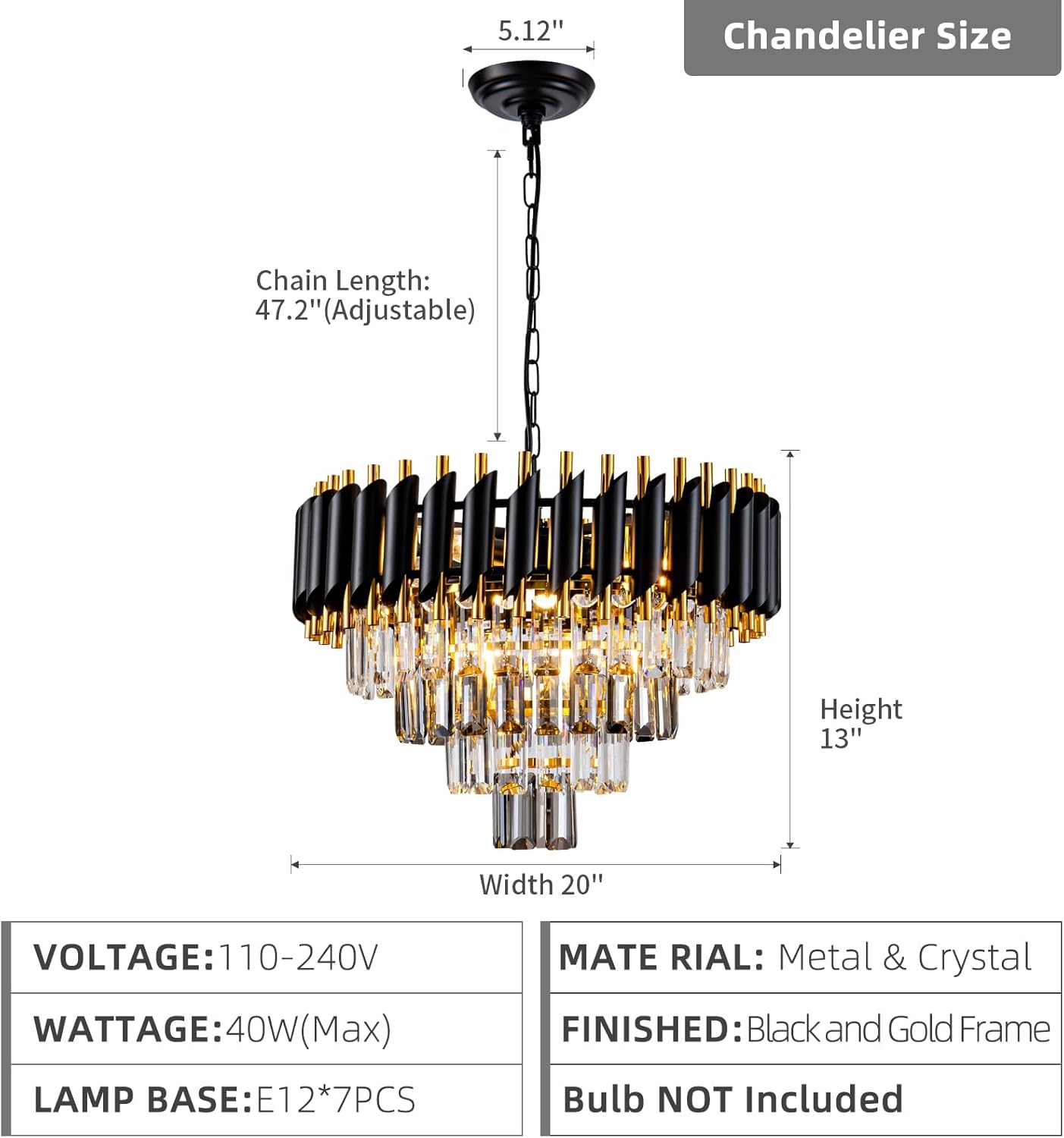 7-Light Modern Crystal Chandelier 20" Dining Room Light Fixtures 4 Tiers Flush Mount Smoke Grey and Gold Chandelier Round Chandeliers for Dining Room Living Room Kitchen Entryway Foyer