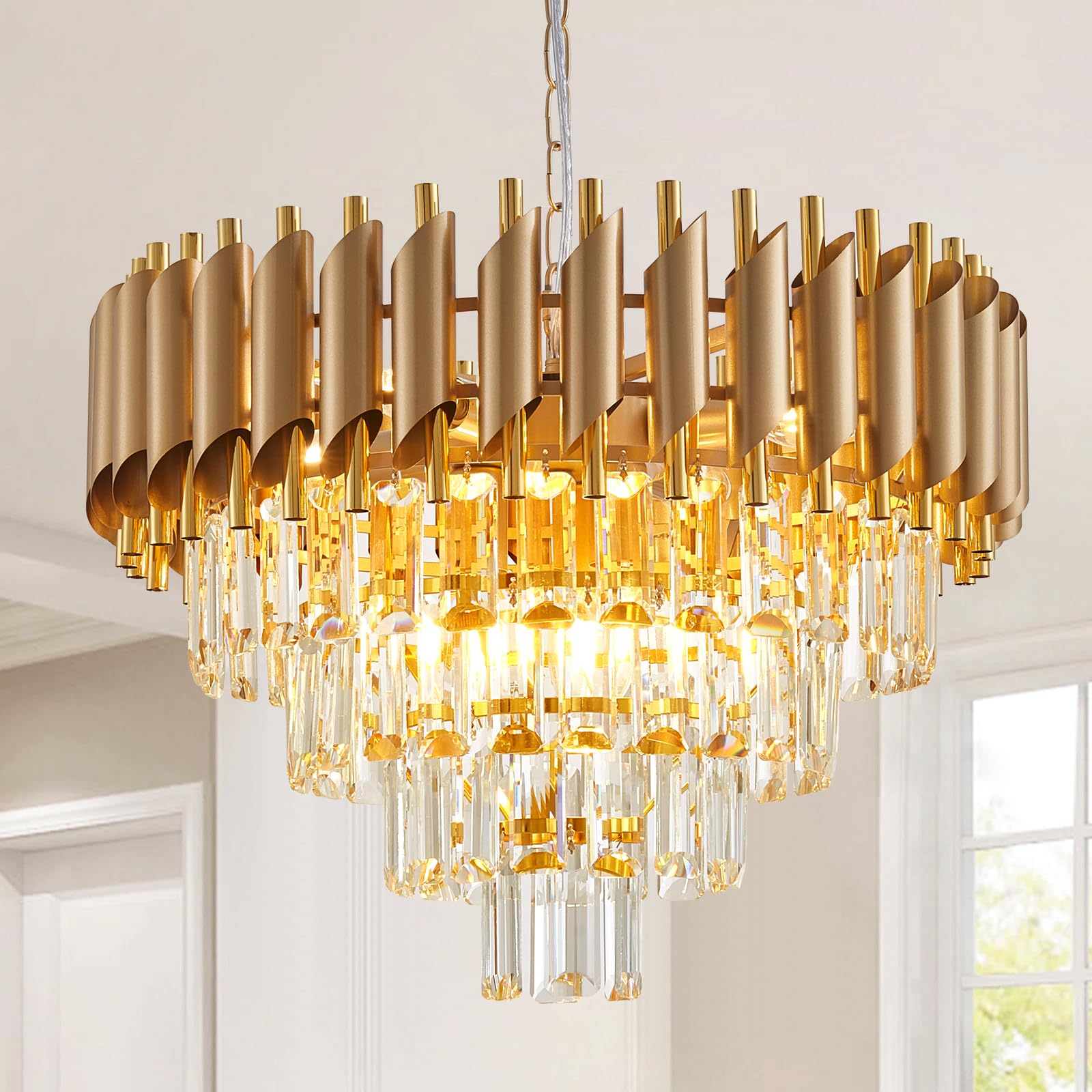 7-Light Modern Crystal Chandelier 20" Dining Room Light Fixtures 4 Tiers Flush Mount Smoke Grey and Gold Chandelier Round Chandeliers for Dining Room Living Room Kitchen Entryway Foyer