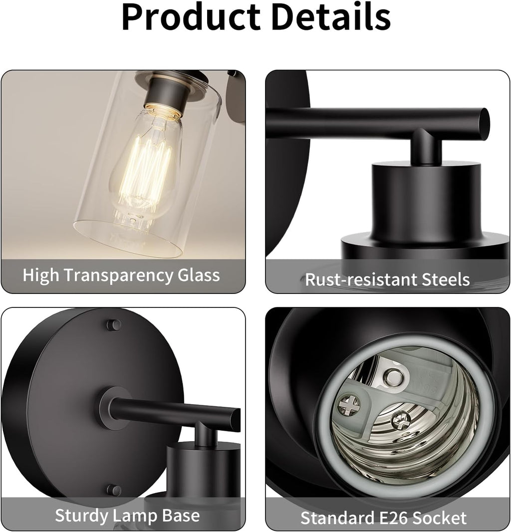 BUTHY Black Wall Sconce Light: Modern Wall Sconces Indoor, LED Wall Light Fixtures with E26 Base and Clear Glass Shade, Sconces Wall Lighting for Hallway, Bedroom, Living Room, and Mirror