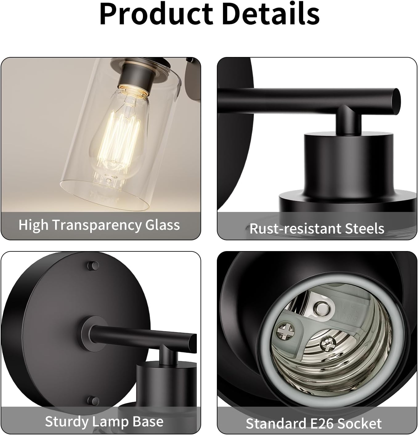 BUTHY Black Wall Sconce Light: Modern Wall Sconces Indoor, LED Wall Light Fixtures with E26 Base and Clear Glass Shade, Sconces Wall Lighting for Hallway, Bedroom, Living Room, and Mirror