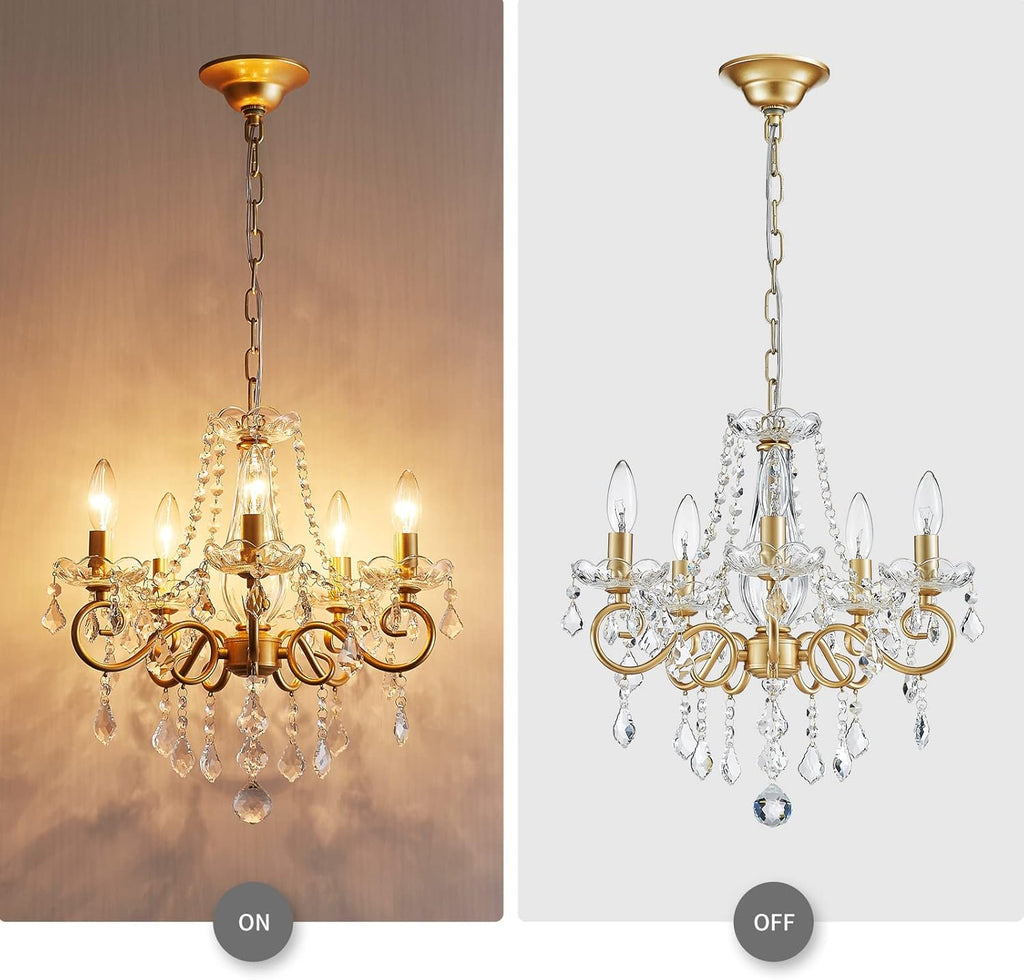 ANJIADENGSHI Mini Crystal Chandelier K9 Crystal Gold Chandelier for Living Room Bedroom Dining Room Kitchen Island Entryway 5 E12 Bulbs High 16.5 in x Diameter 16.9 in, Golden