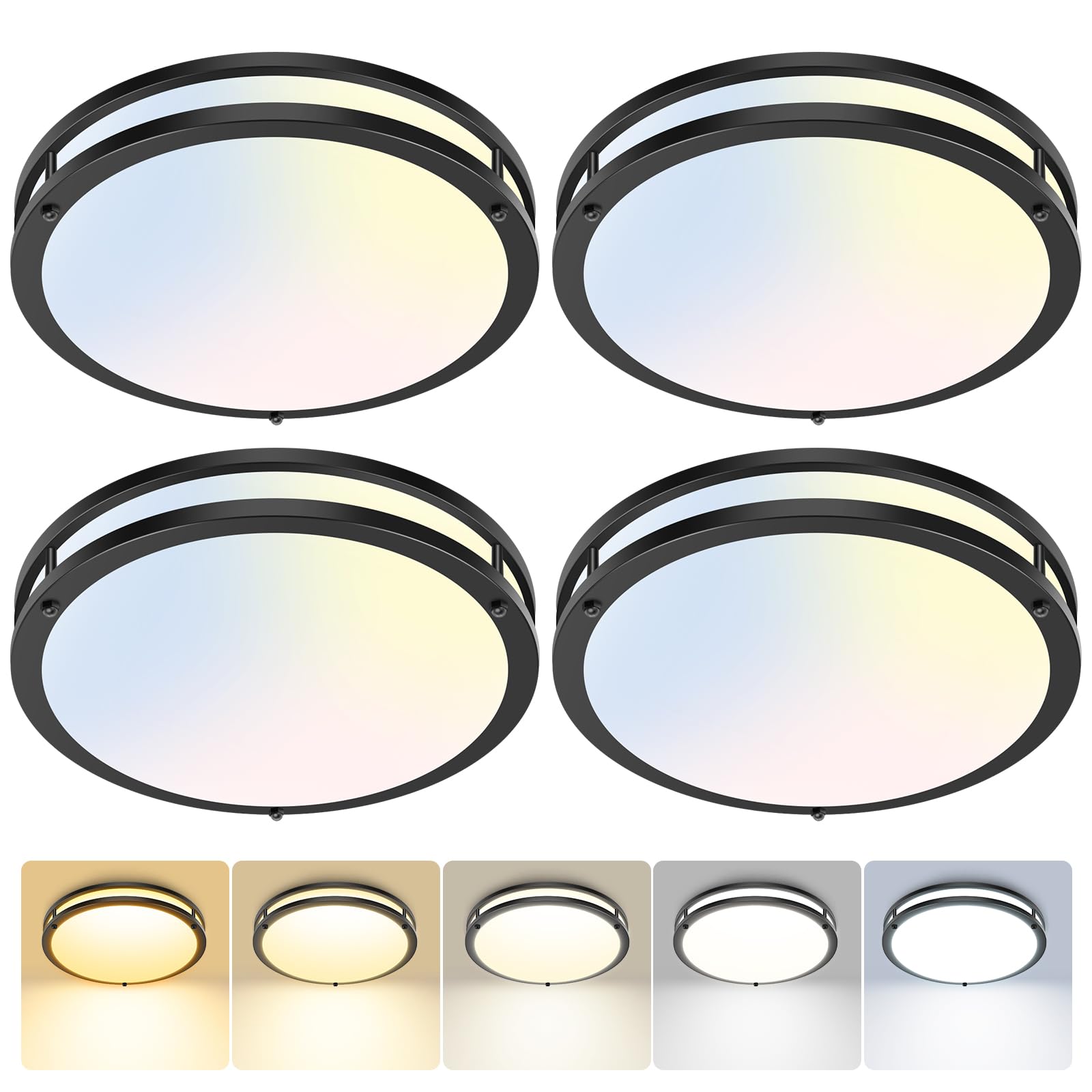 hepside 13inch Flush Mount Ceiling Light Fixture 2 Pack, Dimmable & 5CCT Ceiling Light Black, 24W 3000K 3500K 4000K 5000K 6500K Adjustable Ceiling Lamps for Bathroom Bedroom Hallway