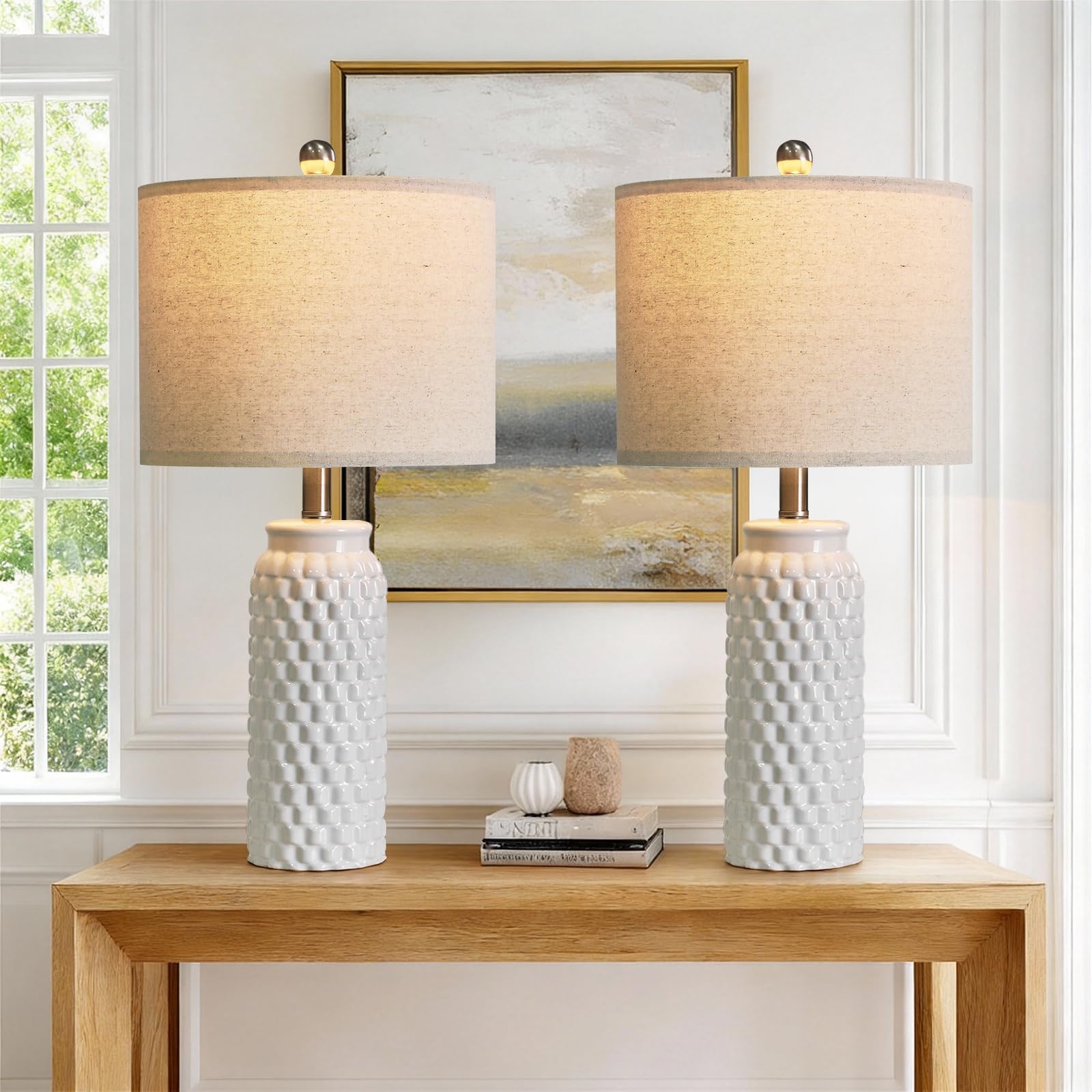 USumkky 20.5" White Modern Ceramic Bedside Lamp Set of 2 for Bedroom Decor Farmhouse Table Lamp for Living Room Office Dorm