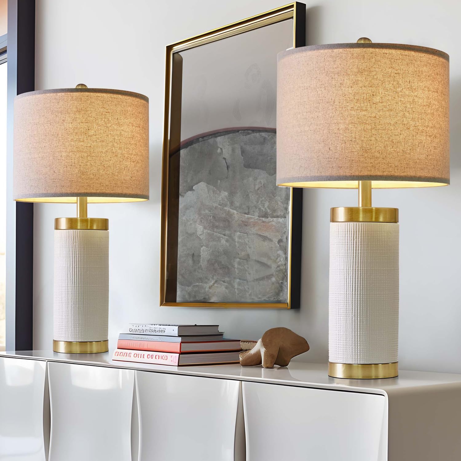 USumkky 25" Table Lamps Set of 2 - Modern Bedside Lamps for Living Room - White Washed Ceramic Nightstand Lamps for Bedroom