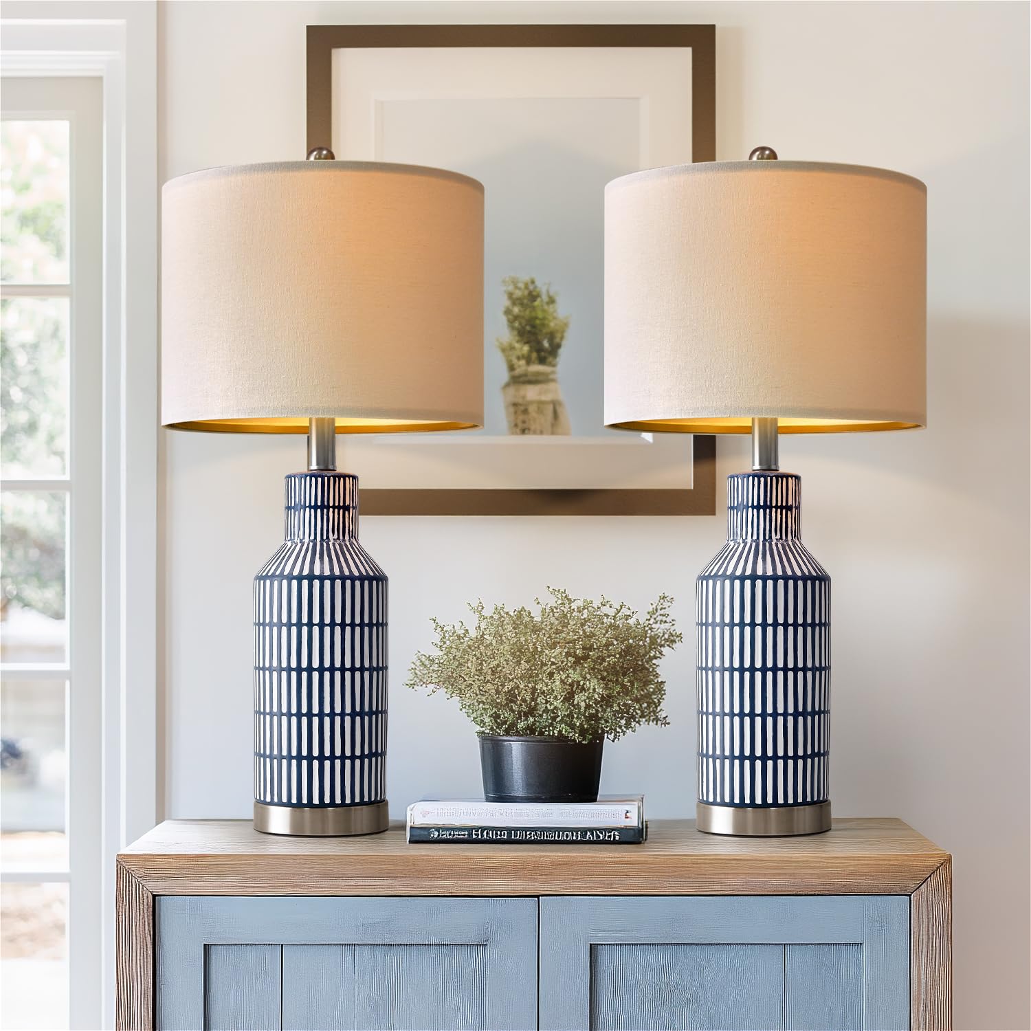 USumkky 25" Table Lamps Set of 2 - Modern Bedside Lamps for Living Room - White Washed Ceramic Nightstand Lamps for Bedroom