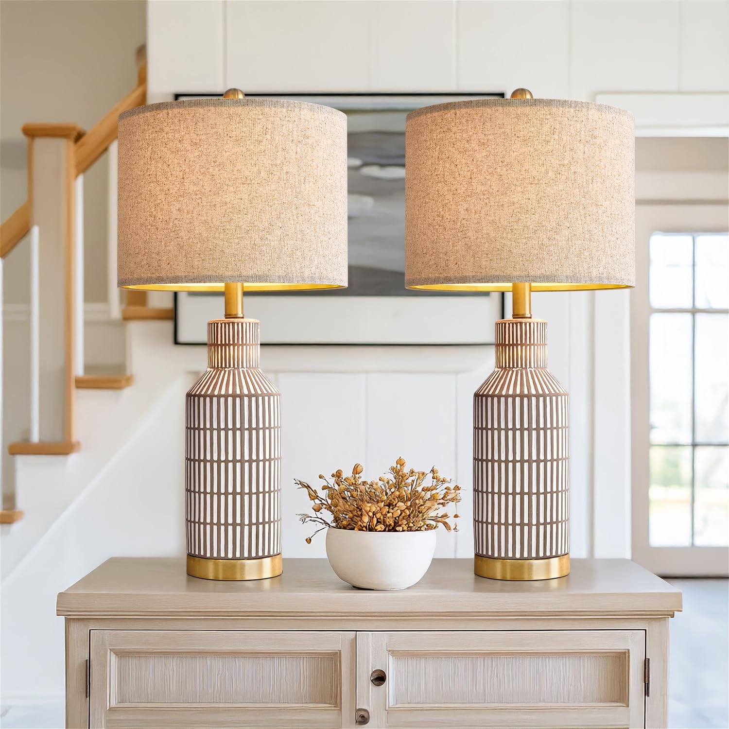 USumkky 25" Table Lamps Set of 2 - Modern Bedside Lamps for Living Room - White Washed Ceramic Nightstand Lamps for Bedroom
