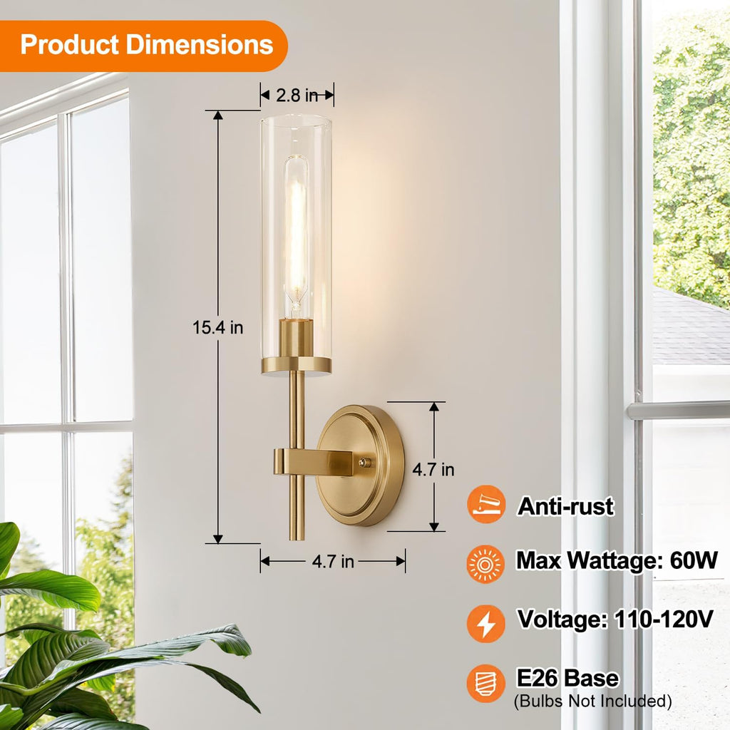 MOKATNG Wall Sconces Set of Two, Brushed Gold Bathroom Sconces with Clear Glass, Hardwired Sconces Wall Decor Set of 2, Modern Wall Light Fixtures for Bathroom Mirror Living Room Bedroom Hallway