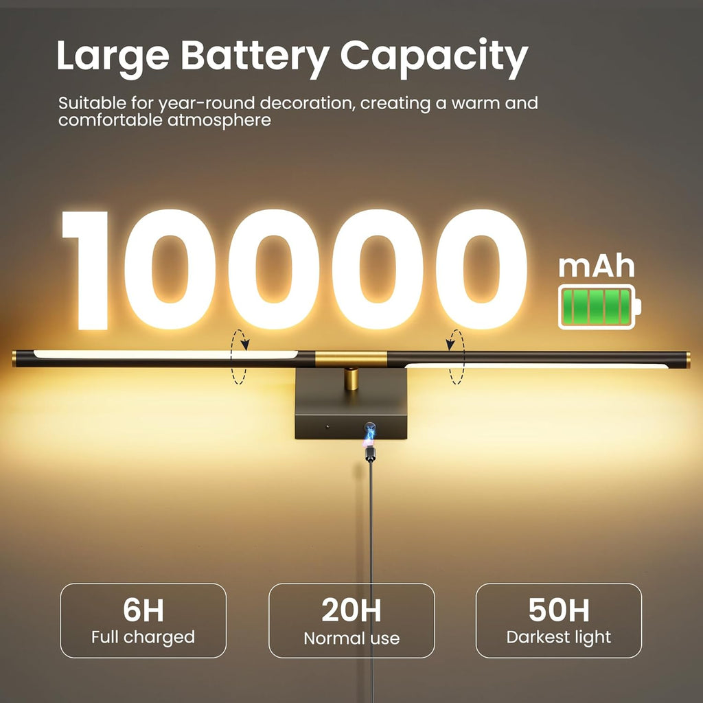 Battery Operated Wall Sconces Set of Two, 10000mAh Rechargeable Wall Lights with Remote Control, 360° Rotate Dimmable Black Gold LED Cordless Lighting for Bedroom, Living Room, Hallway, 29 Inch, 3CCT