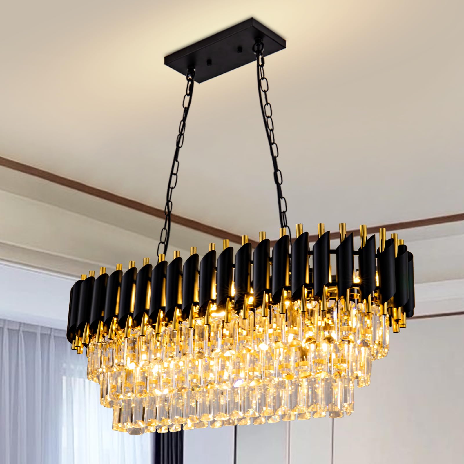 7-Light Modern Crystal Chandelier 20" Dining Room Light Fixtures 4 Tiers Flush Mount Smoke Grey and Gold Chandelier Round Chandeliers for Dining Room Living Room Kitchen Entryway Foyer
