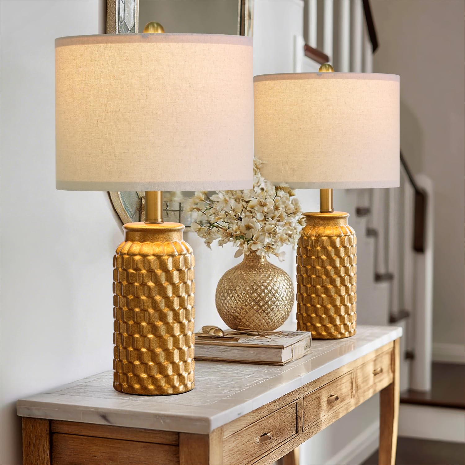 USumkky 20.5" White Modern Ceramic Bedside Lamp Set of 2 for Bedroom Decor Farmhouse Table Lamp for Living Room Office Dorm