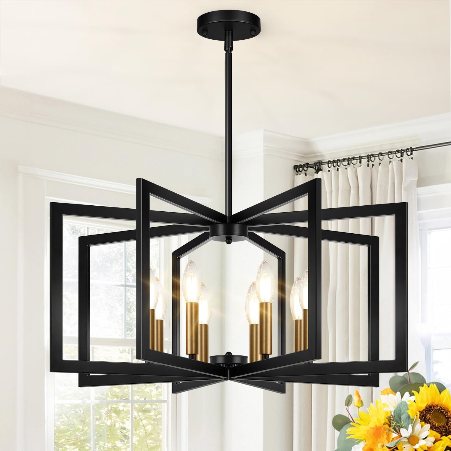25" Modern Matte Black Chandelier for Dining Room, No Assembly Required Black Dining Room Light Fixture Over Table, Industrial Metal Hanging Pendant Lights Fixture for Kitchen Island, Entryway, Foyer