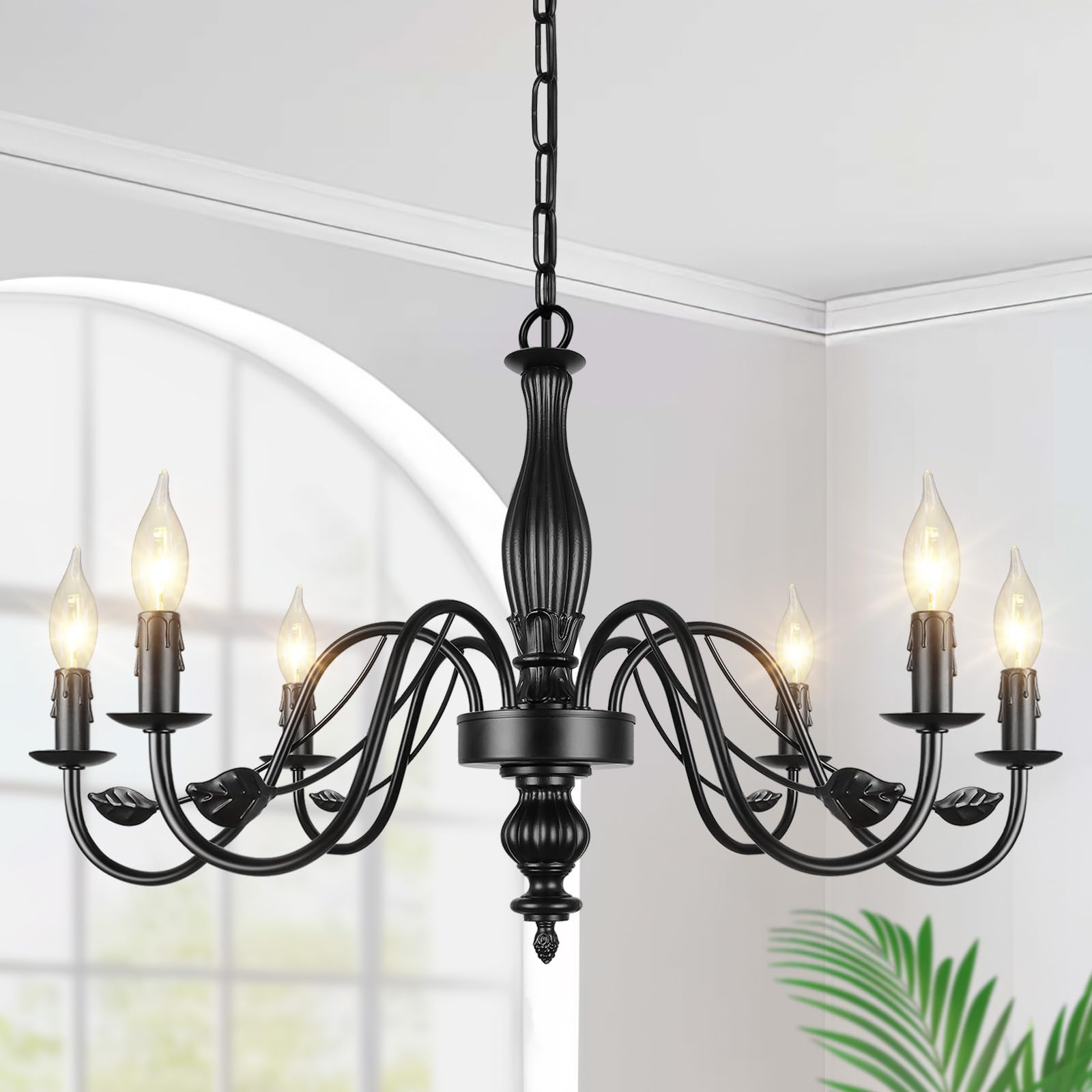 6-Light Farmhouse Candle Chandelier for Living Room, Rustic Industrial Pendant Ceiling Light fixture, Vintage Hanging Lamp for Bedroom Hallway Kitchen Dining Room Foyer, Matte Black E12 Socket