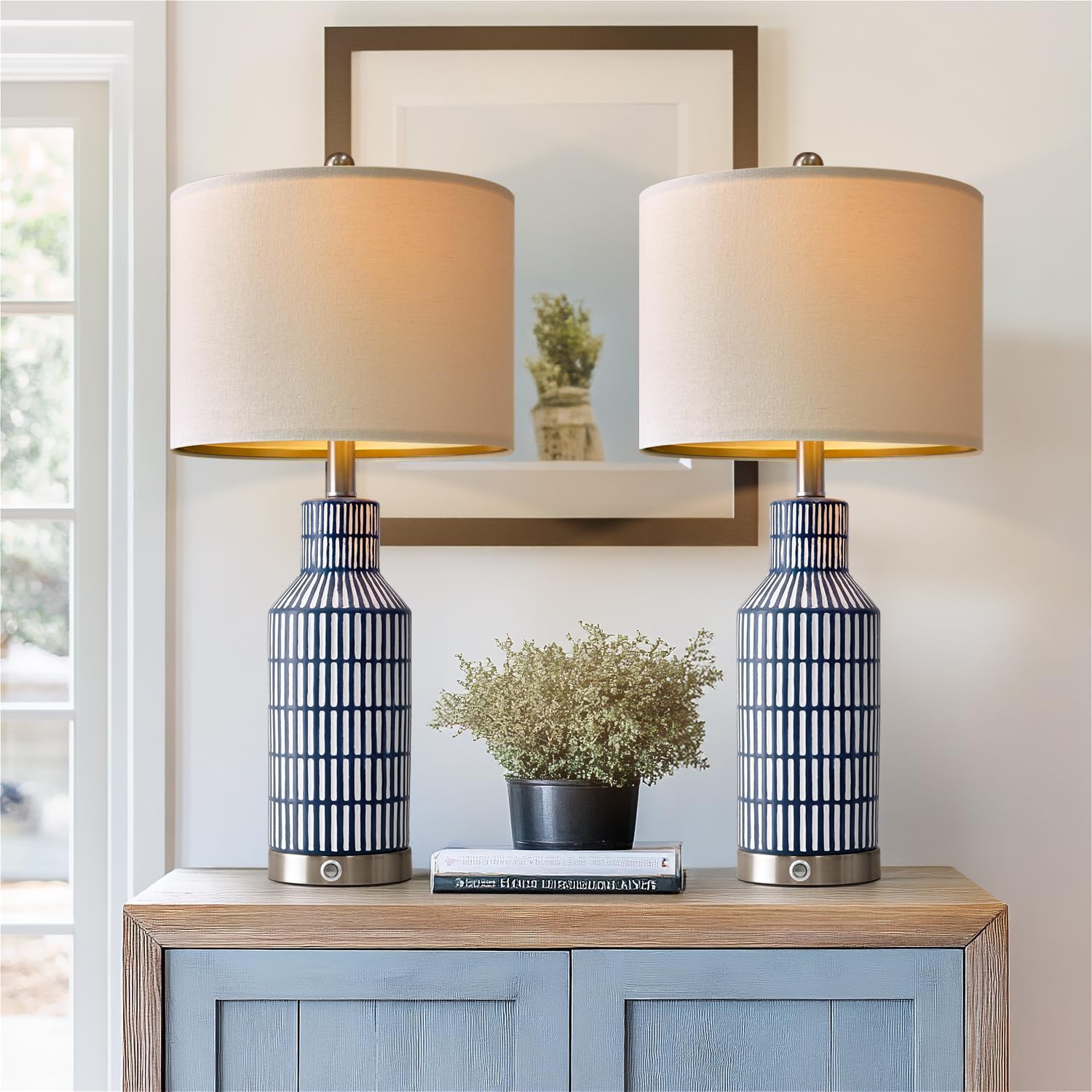 USumkky 25" Table Lamps Set of 2 - Modern Bedside Lamps for Living Room - White Washed Ceramic Nightstand Lamps for Bedroom