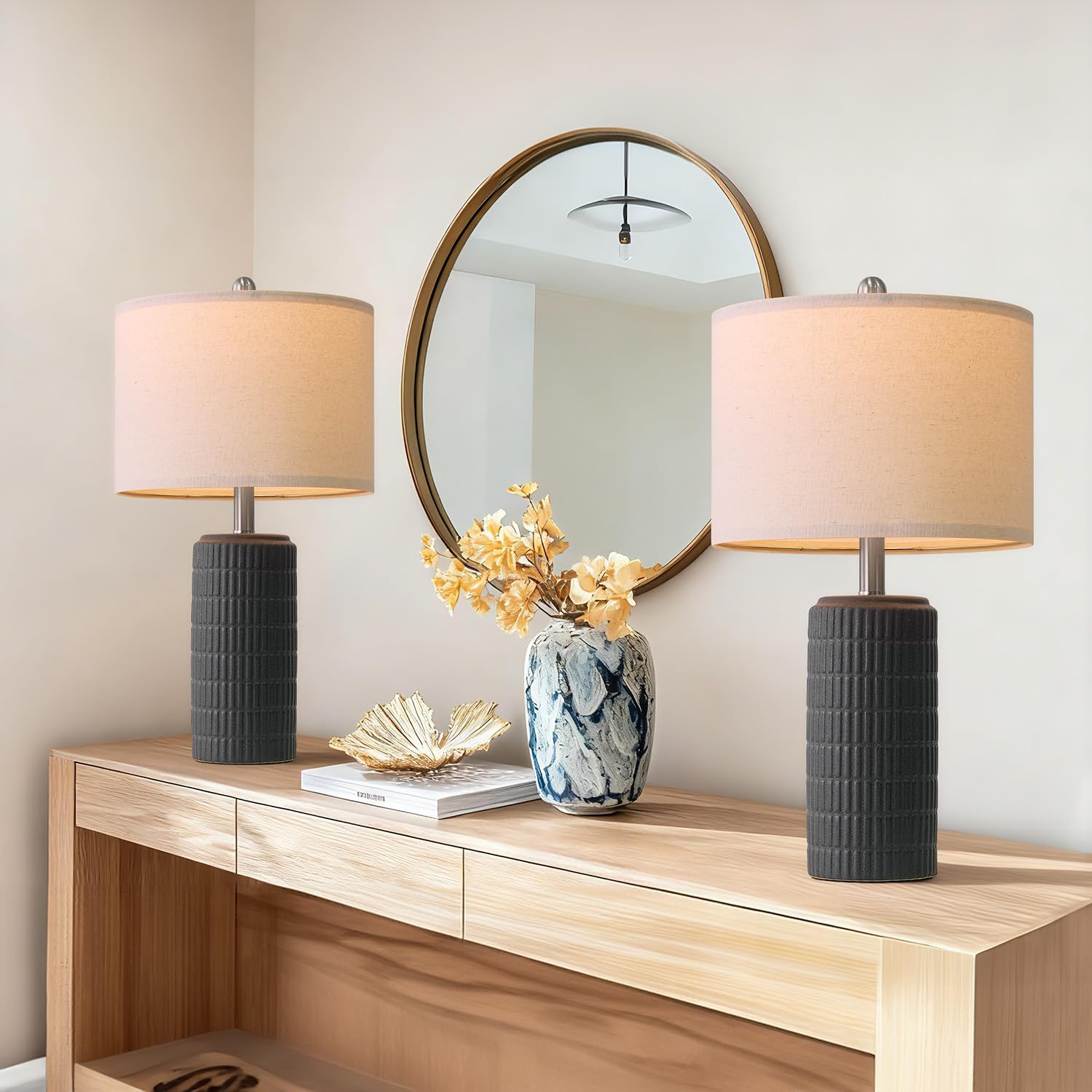 PoKat 23" Modern Ceramic Table Lamp Set of 2 for Living Room White Desk Lamps for Bedroom Farmhouse Bedside Nightstand Lamp House Warming Gifts New Home Decor End Table Lamps Gifts for Women Mom Beige