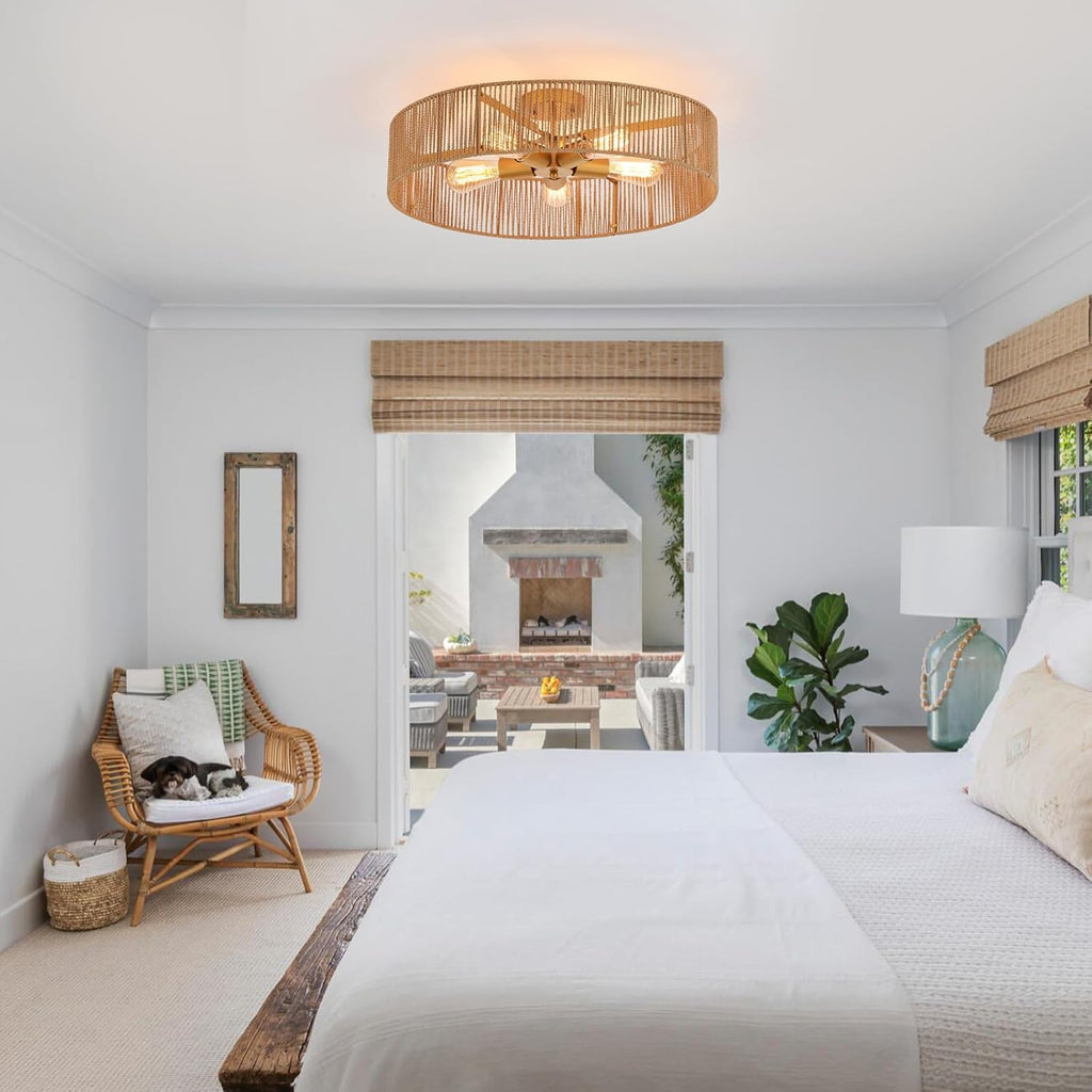 24" Natural Rattan Flush Mount Ceiling Light Fixture Antique Brass Brush Paint Finish Boho Chandelier for Porch Patio Hallway Bedroom Living Room Kitchen Island 5-Light