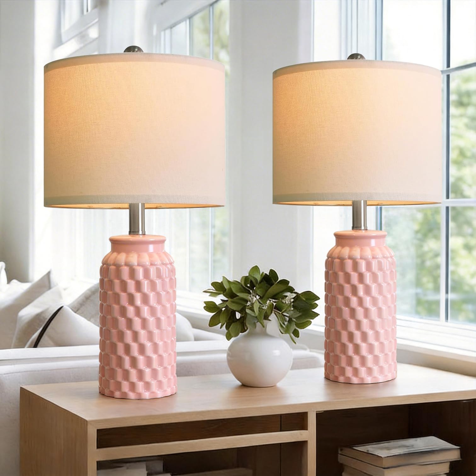 USumkky 20.5" White Modern Ceramic Bedside Lamp Set of 2 for Bedroom Decor Farmhouse Table Lamp for Living Room Office Dorm