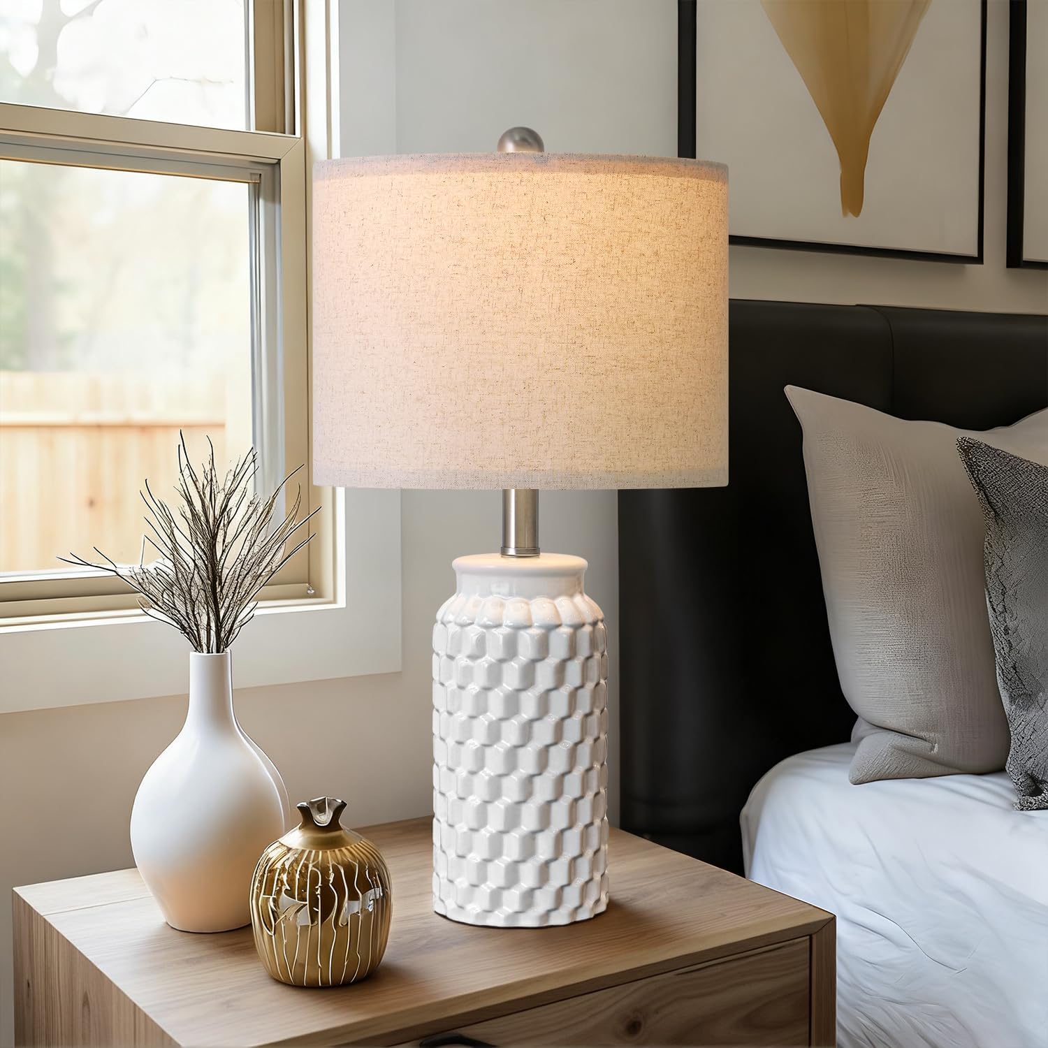 USumkky 20.5" White Modern Ceramic Bedside Lamp Set of 2 for Bedroom Decor Farmhouse Table Lamp for Living Room Office Dorm