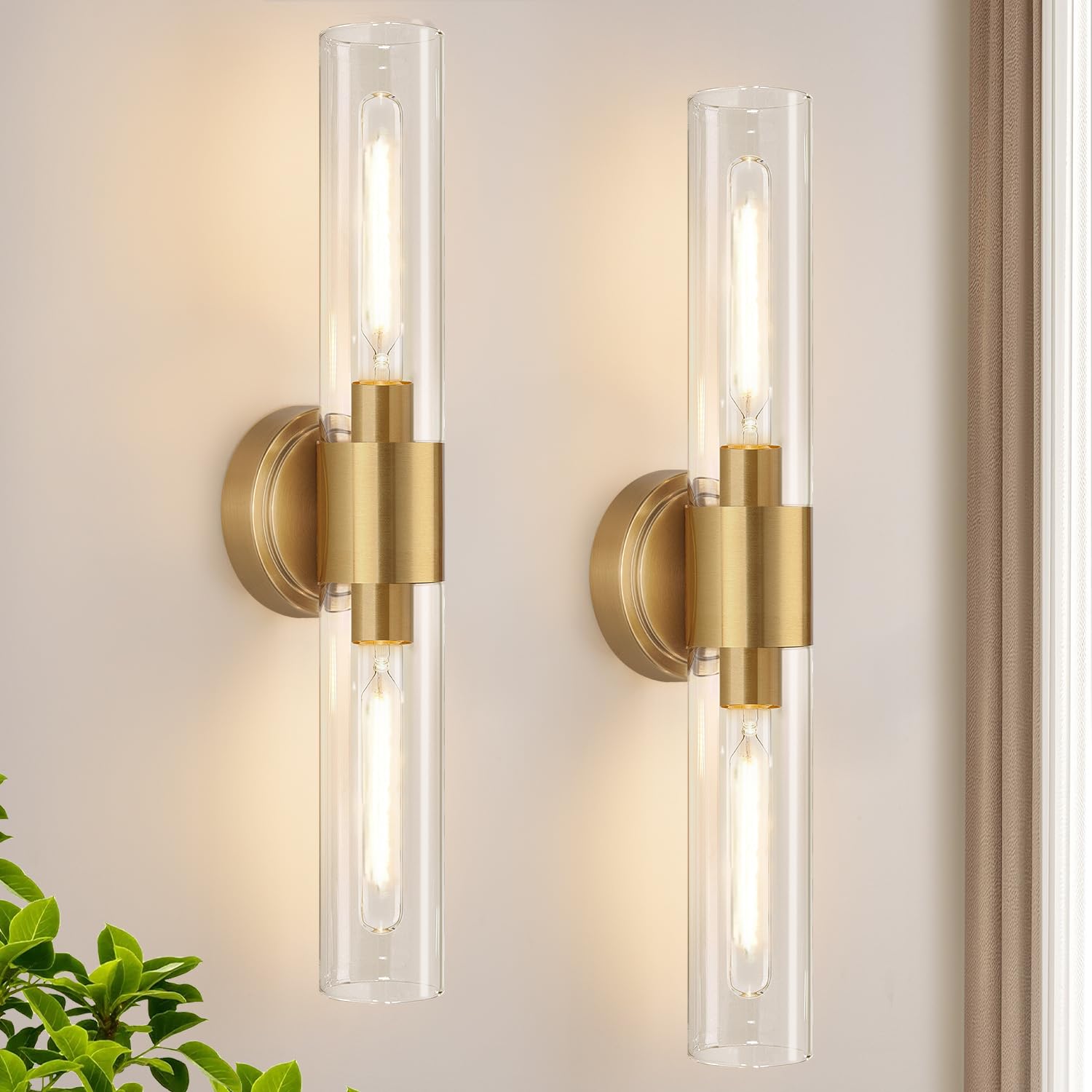 Wall Sconces Set of Two, Modern Bathroom Sconces Wall Lighting with Milky White Glass, Brushed Gold Sconces Wall Decor Set of 2 for Bathroom Mirror Bedroom Living Room Hallway (HARDWIRED)