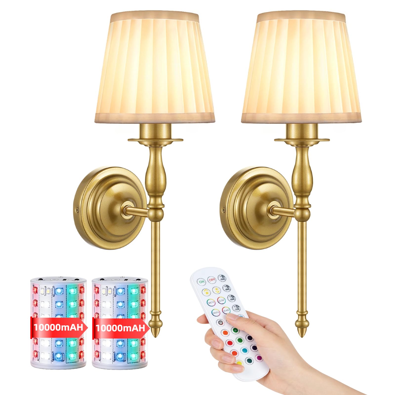 10000mAh Battery Operated Wall Sconce Set of 2,Rechargeable Wall Sconces set of Two,Vintage Gold Sconces Wall Decor,Wireless Wall Lamp,Cordless Wall Lights Living Room Bedroom (Not Peel and Stick on)