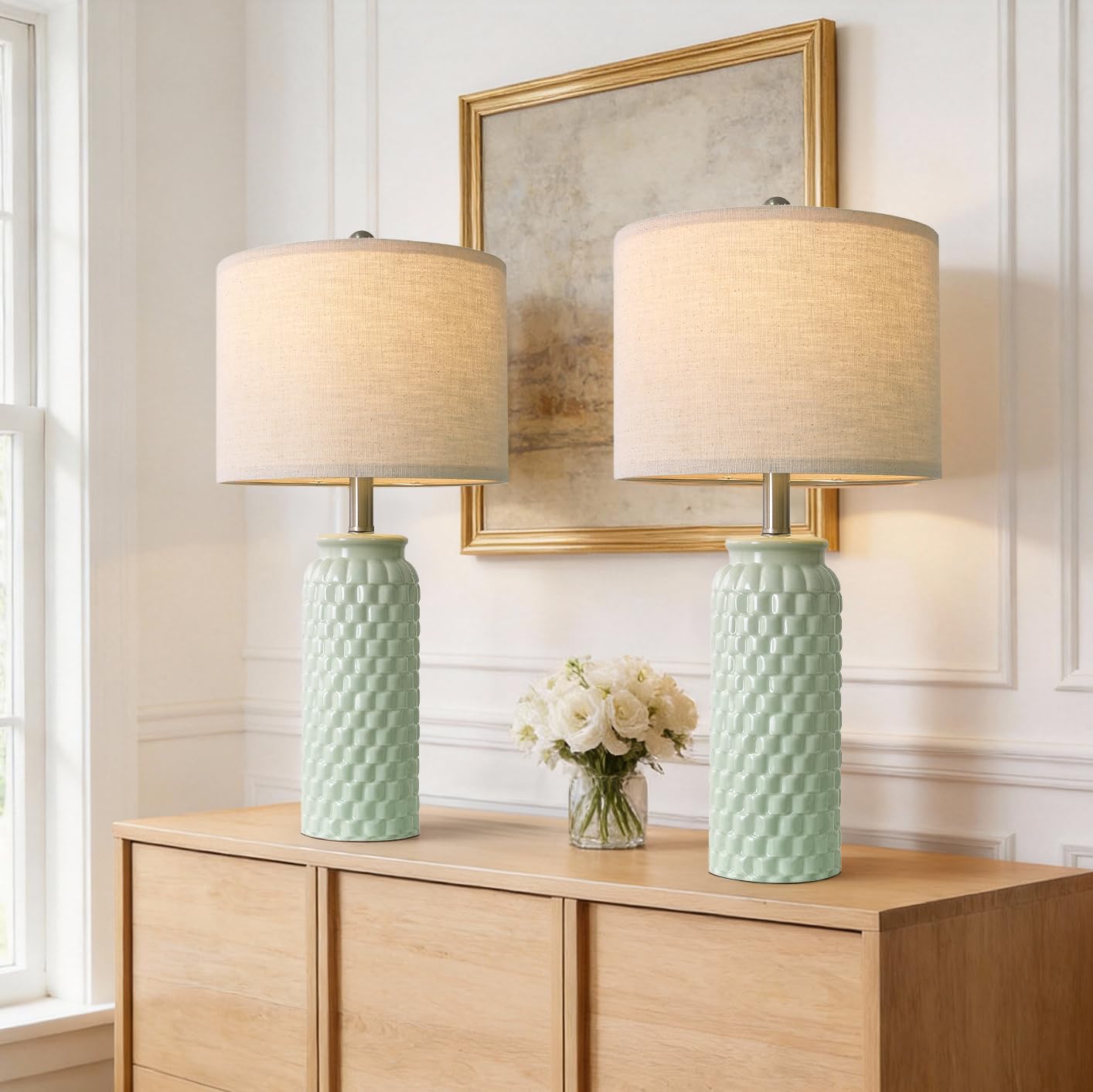 USumkky 20.5" White Modern Ceramic Bedside Lamp Set of 2 for Bedroom Decor Farmhouse Table Lamp for Living Room Office Dorm