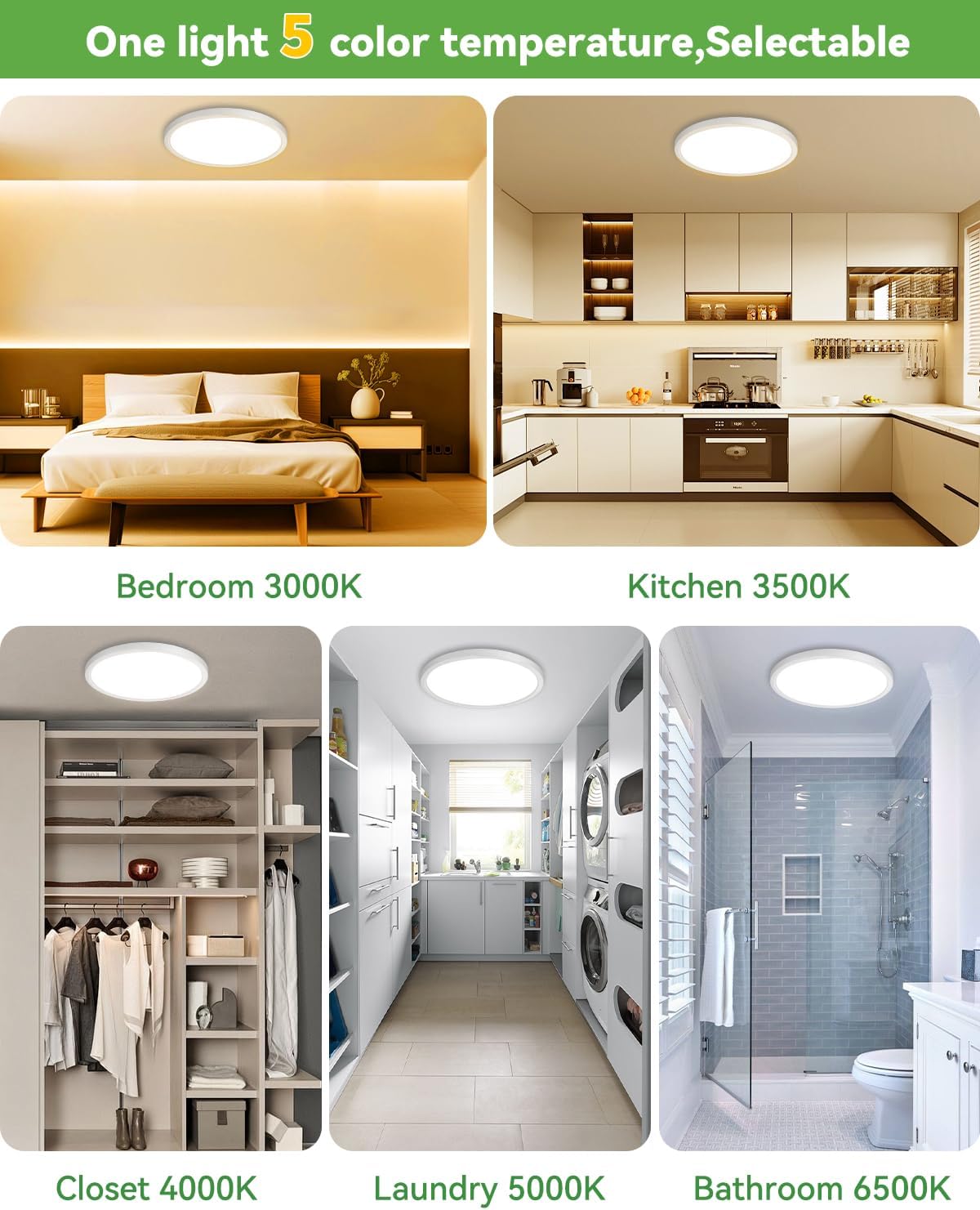 zemty 6-Pack 12-Inch LED Flush Mount Ceiling Lights, 24W 3200Lumens 5 CCT Adjustable (3000K-6500K), Round Flat Light Fixture for Bedroom Kitchen Bathroom Hallway (White)