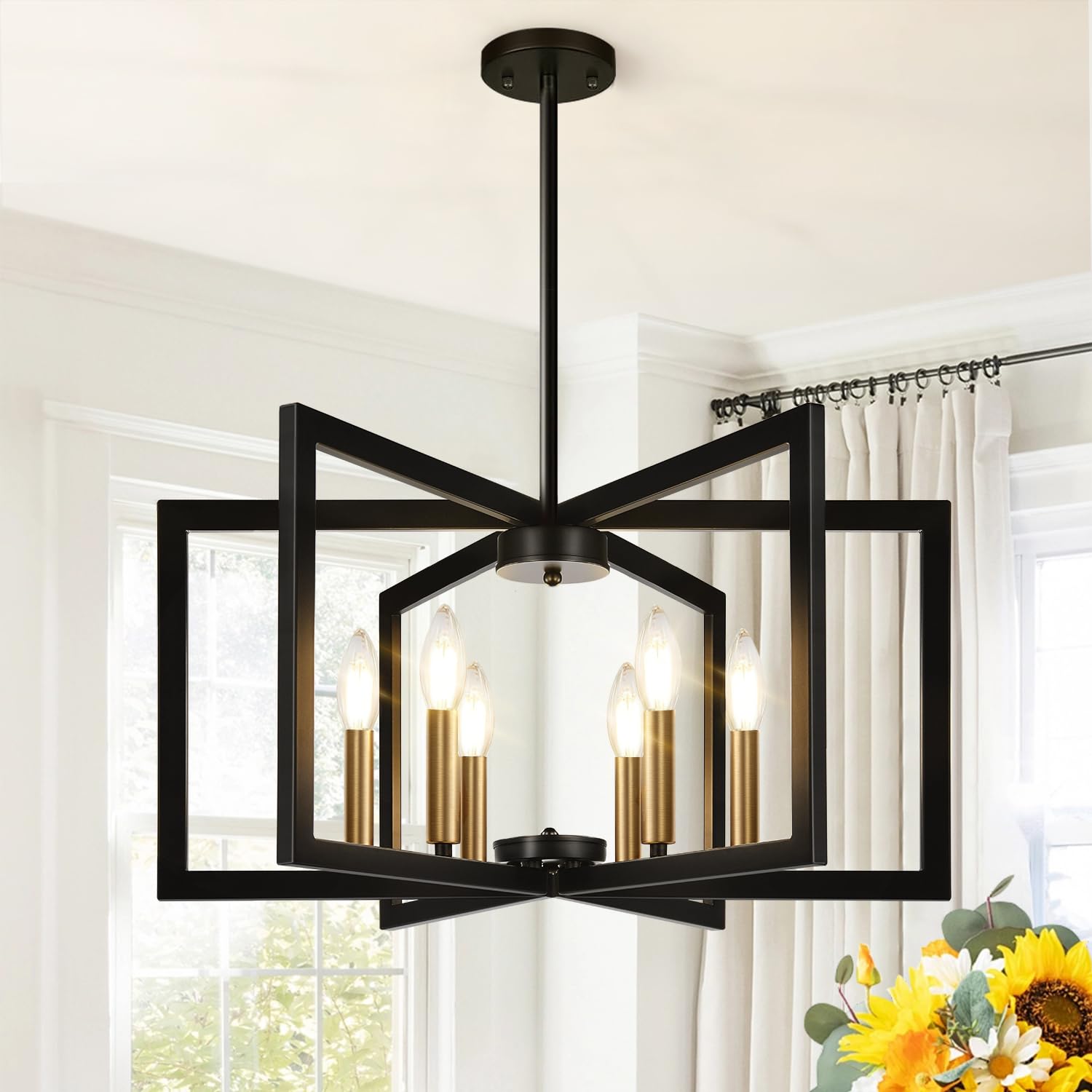 25" Modern Matte Black Chandelier for Dining Room, No Assembly Required Black Dining Room Light Fixture Over Table, Industrial Metal Hanging Pendant Lights Fixture for Kitchen Island, Entryway, Foyer