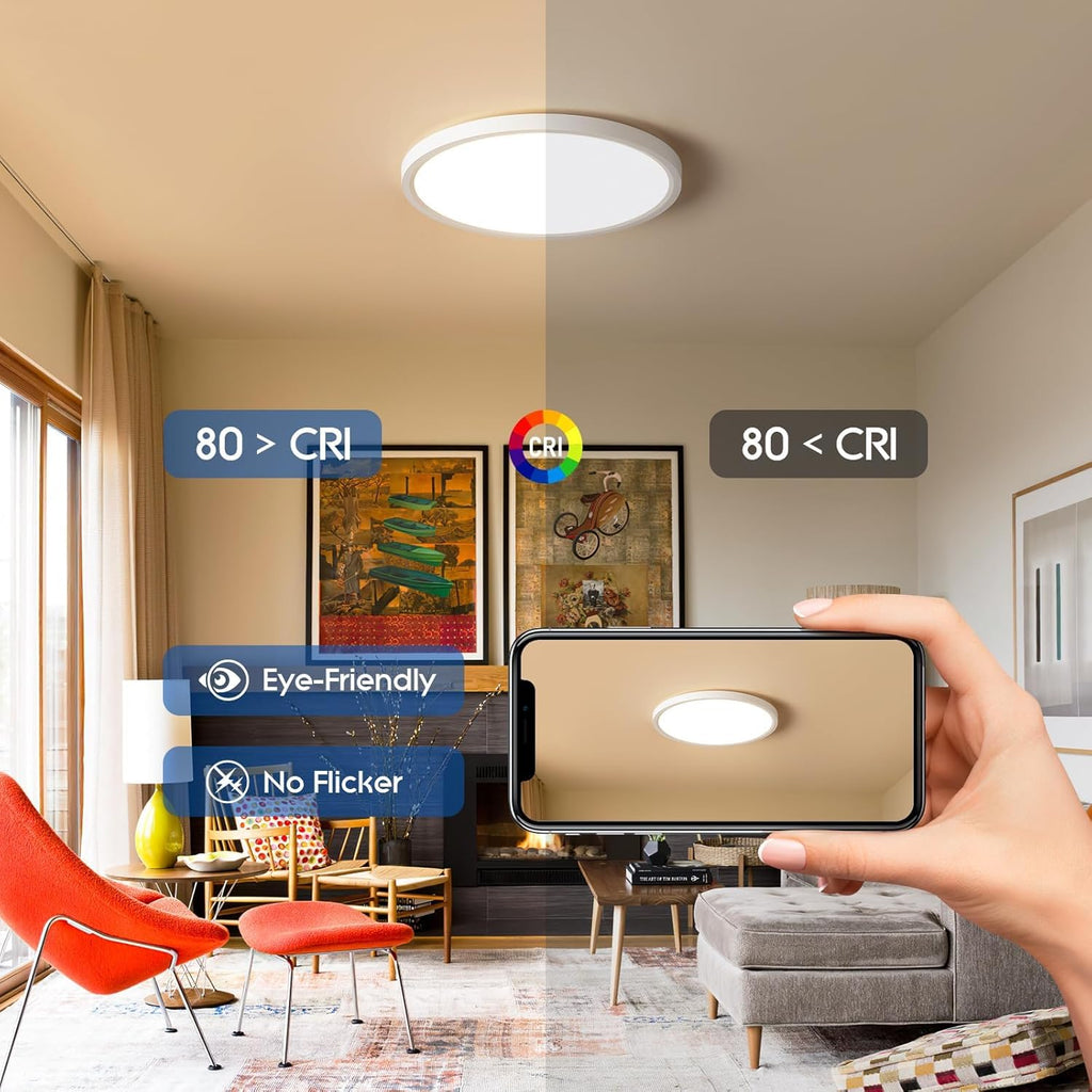 6 Pack 12 Inch Slim Dimmable LED Flush Mount Ceiling Light Fixtures, 24W 2640LM 3000K/4000K/5000K, House Upgrade Led Lights for Bedroom Hallway Laundry Room Rental Units, 240W Equiv., Black