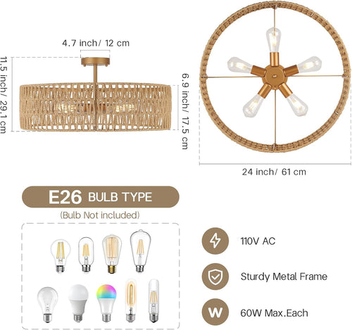 24” Boho Hand-Woven Rattan Wicker Ceiling Light, Large Semi Flush Mount Chandelier Fixture, Rustic Lighting for Living Room, Bedroom, Dining, Kitchen Island, Hallway, Entryway, Foyer