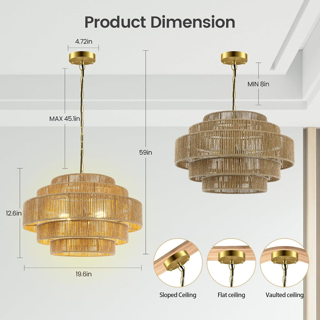 BoostArea 5-Tier Boho Chandelier Light Fixture,20" Hand Woven Pendant Lights Kitchen Island,Large Farmhouse Pendant Light for Kitchen,Dining Room,Hallway, Foyer