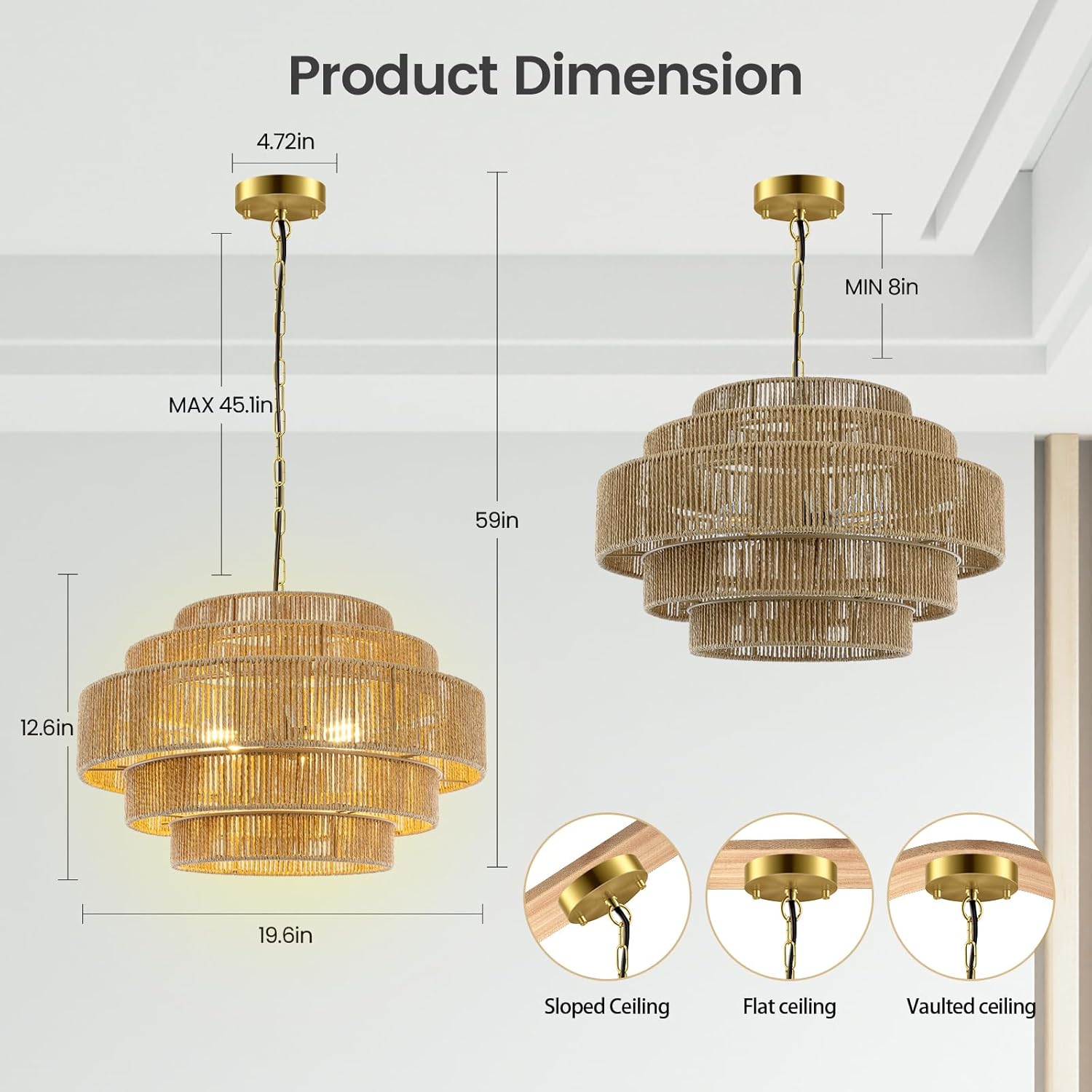 BoostArea 5-Tier Boho Chandelier Light Fixture,20" Hand Woven Pendant Lights Kitchen Island,Large Farmhouse Pendant Light for Kitchen,Dining Room,Hallway, Foyer