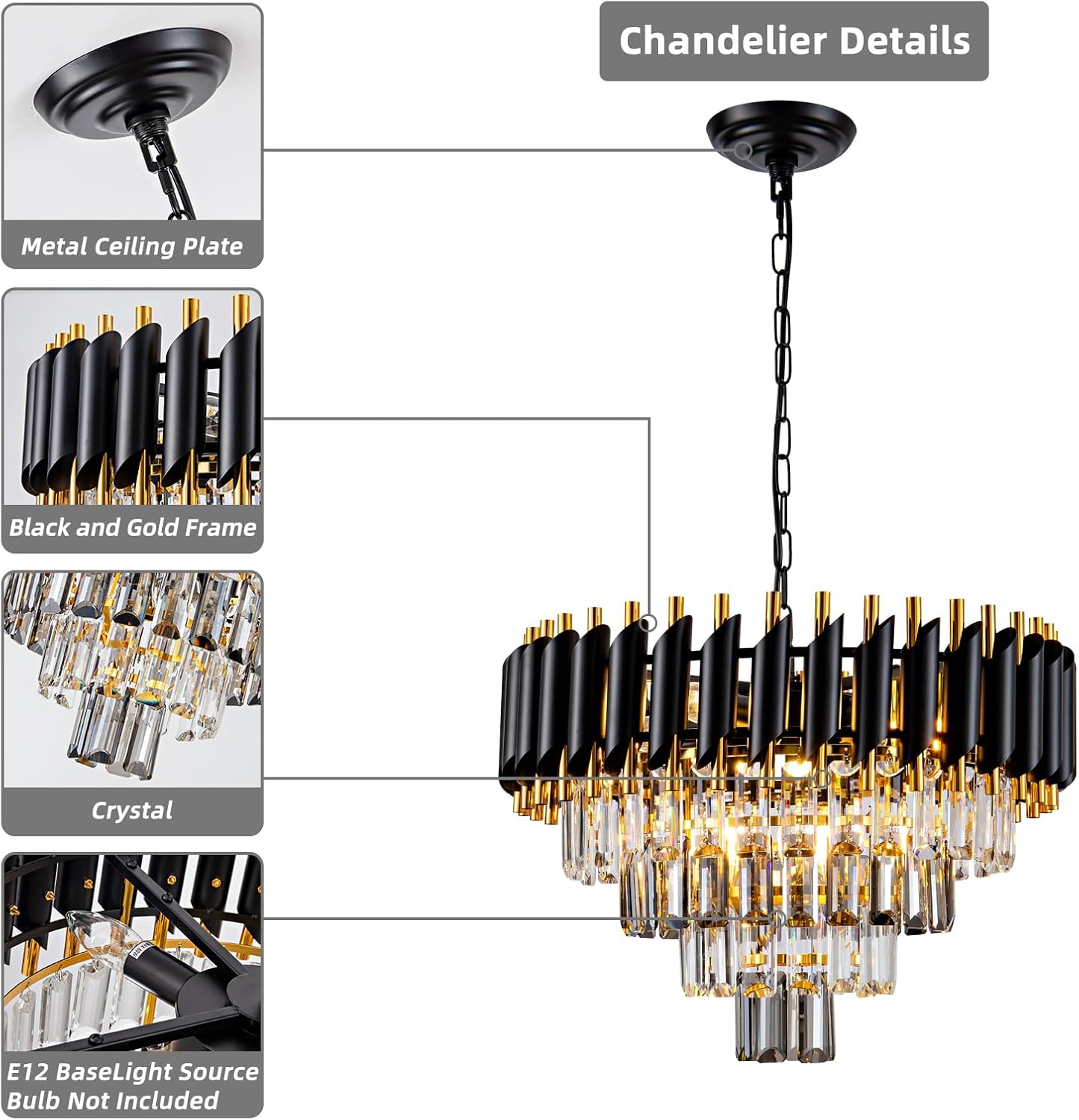 7-Light Modern Crystal Chandelier 20" Dining Room Light Fixtures 4 Tiers Flush Mount Smoke Grey and Gold Chandelier Round Chandeliers for Dining Room Living Room Kitchen Entryway Foyer