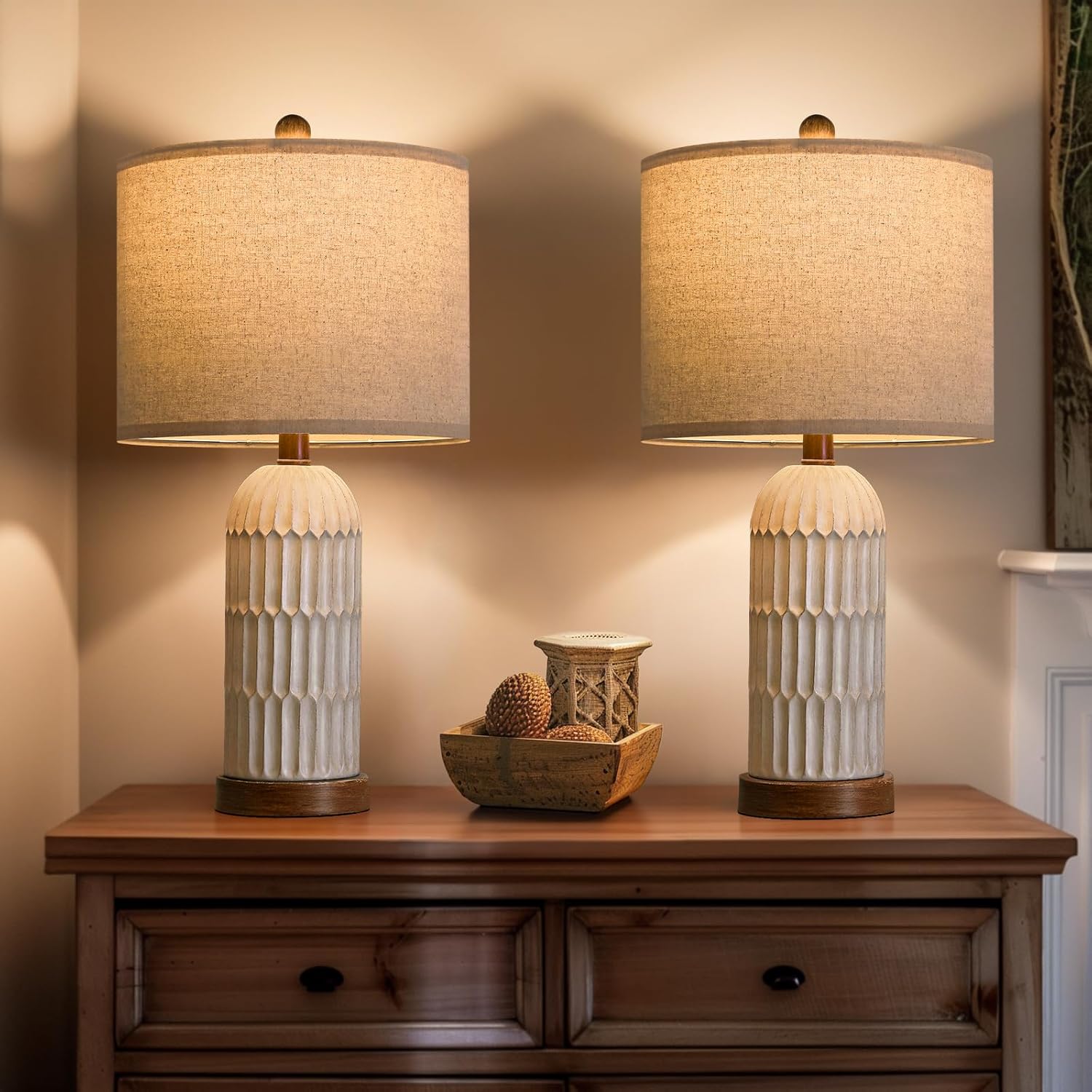 OYEARS 22.5" Table Lamp for Living Room,Retro Farmhouse Lamps for Nightstands Boho Bedroom Lamps Set of 2,with USB A+C Charging Ports,Beige and Brown