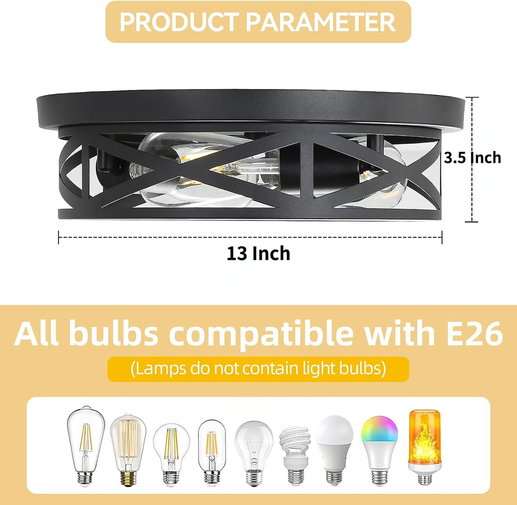 13 Inch Flush Mount Ceiling Light 2-Pack, Farmhouse Metal Cage Semi Flush Mount Ceiling Light Fixtures, Black Close to Ceiling Light for Hallway Kitchen Bedroom Entryway
