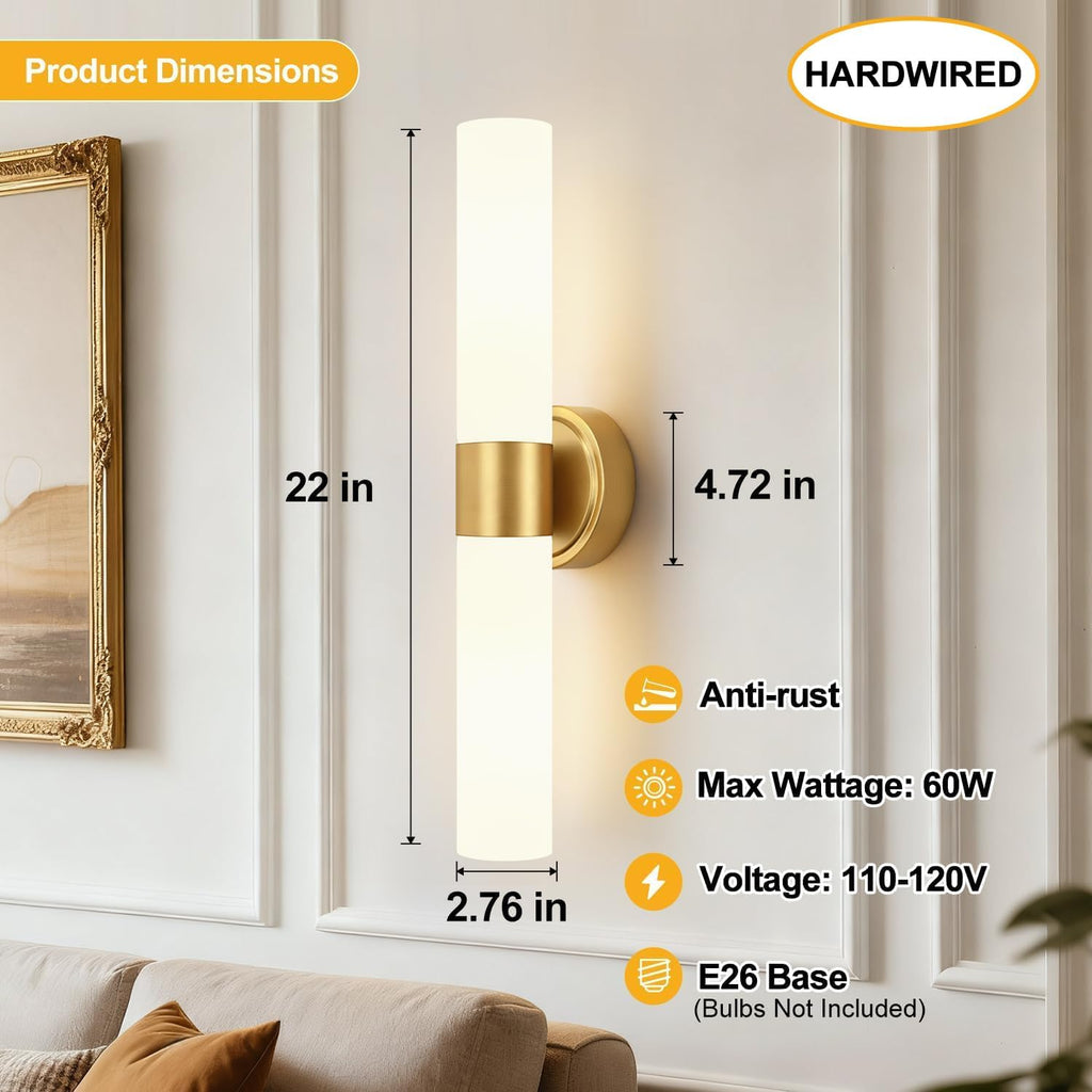 Wall Sconces Set of Two, Modern Bathroom Sconces Wall Lighting with Milky White Glass, Brushed Gold Sconces Wall Decor Set of 2 for Bathroom Mirror Bedroom Living Room Hallway (HARDWIRED)