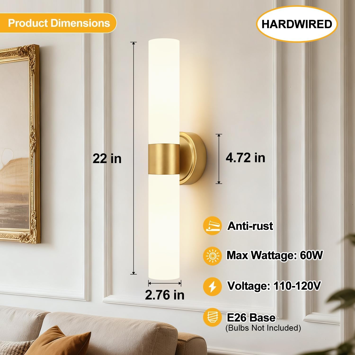 Wall Sconces Set of Two, Modern Bathroom Sconces Wall Lighting with Milky White Glass, Brushed Gold Sconces Wall Decor Set of 2 for Bathroom Mirror Bedroom Living Room Hallway (HARDWIRED)