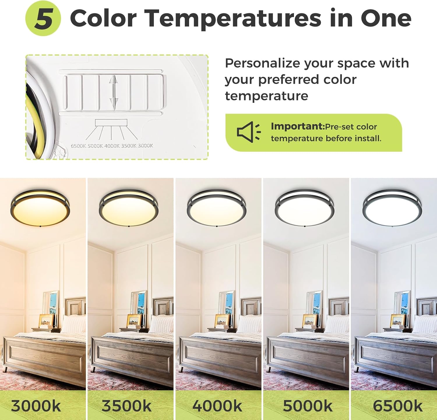 hepside 13inch Flush Mount Ceiling Light Fixture 2 Pack, Dimmable & 5CCT Ceiling Light Black, 24W 3000K 3500K 4000K 5000K 6500K Adjustable Ceiling Lamps for Bathroom Bedroom Hallway