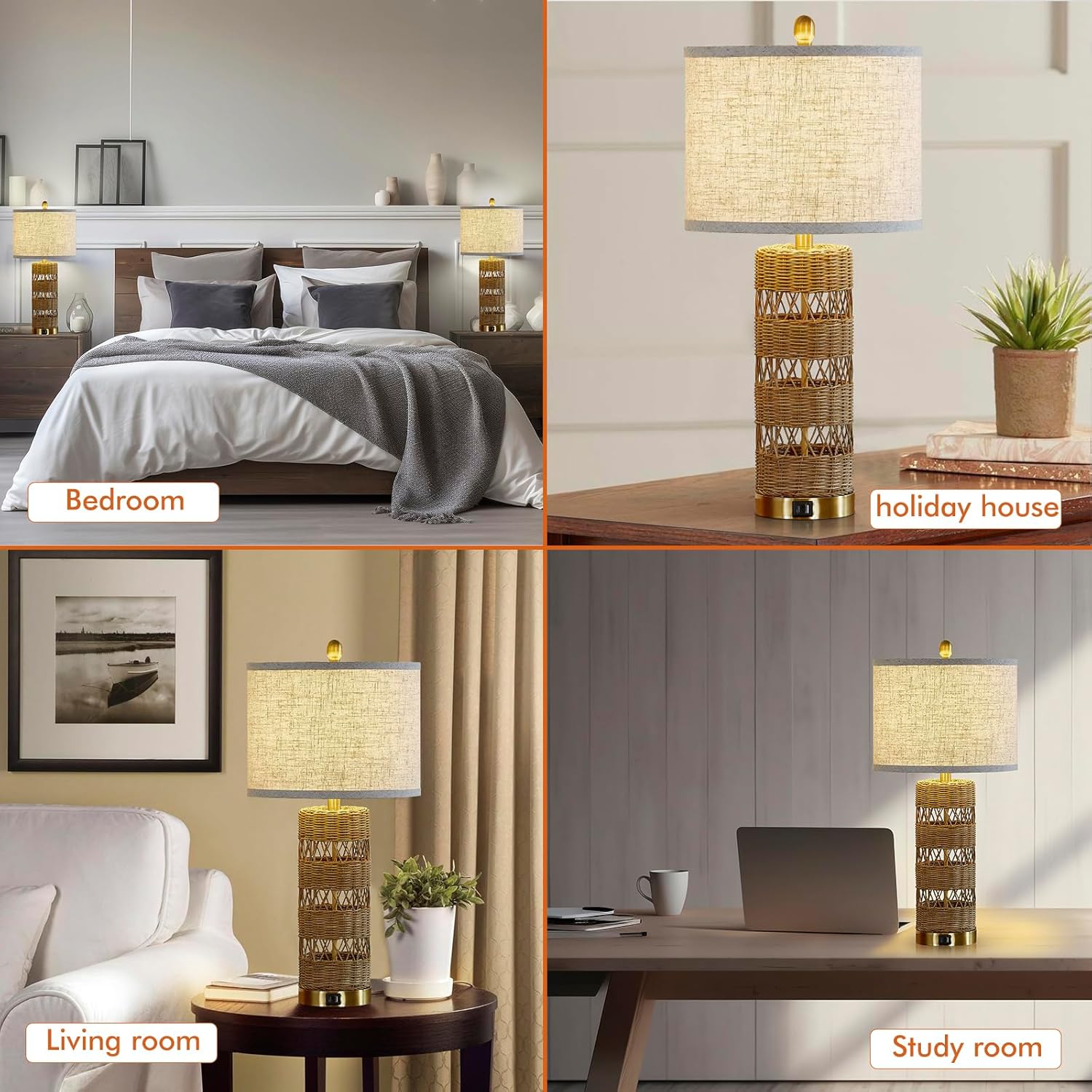 Natural Solid-Color Rattan Table Lamps Set of 2-28" Rustic Bedside Lamps for Nightstand,bedrooms, Living Rooms, or entryways & Rotary Switch,Bulbs in