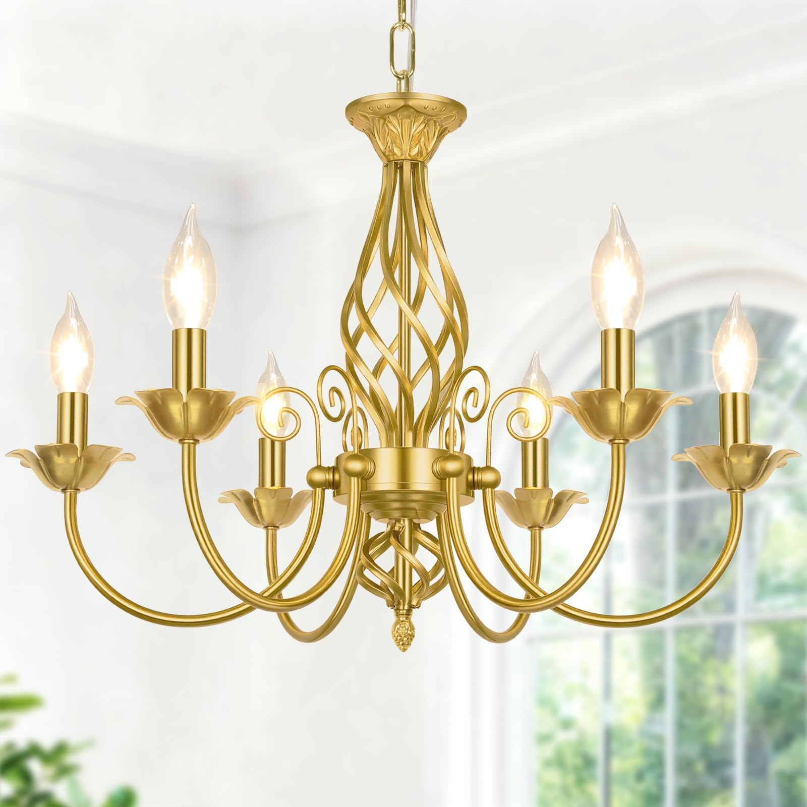 6-Light Farmhouse Candle Chandelier for Living Room, Rustic Industrial Pendant Ceiling Light fixture, Vintage Hanging Lamp for Bedroom Hallway Kitchen Dining Room Foyer, Matte Black E12 Socket