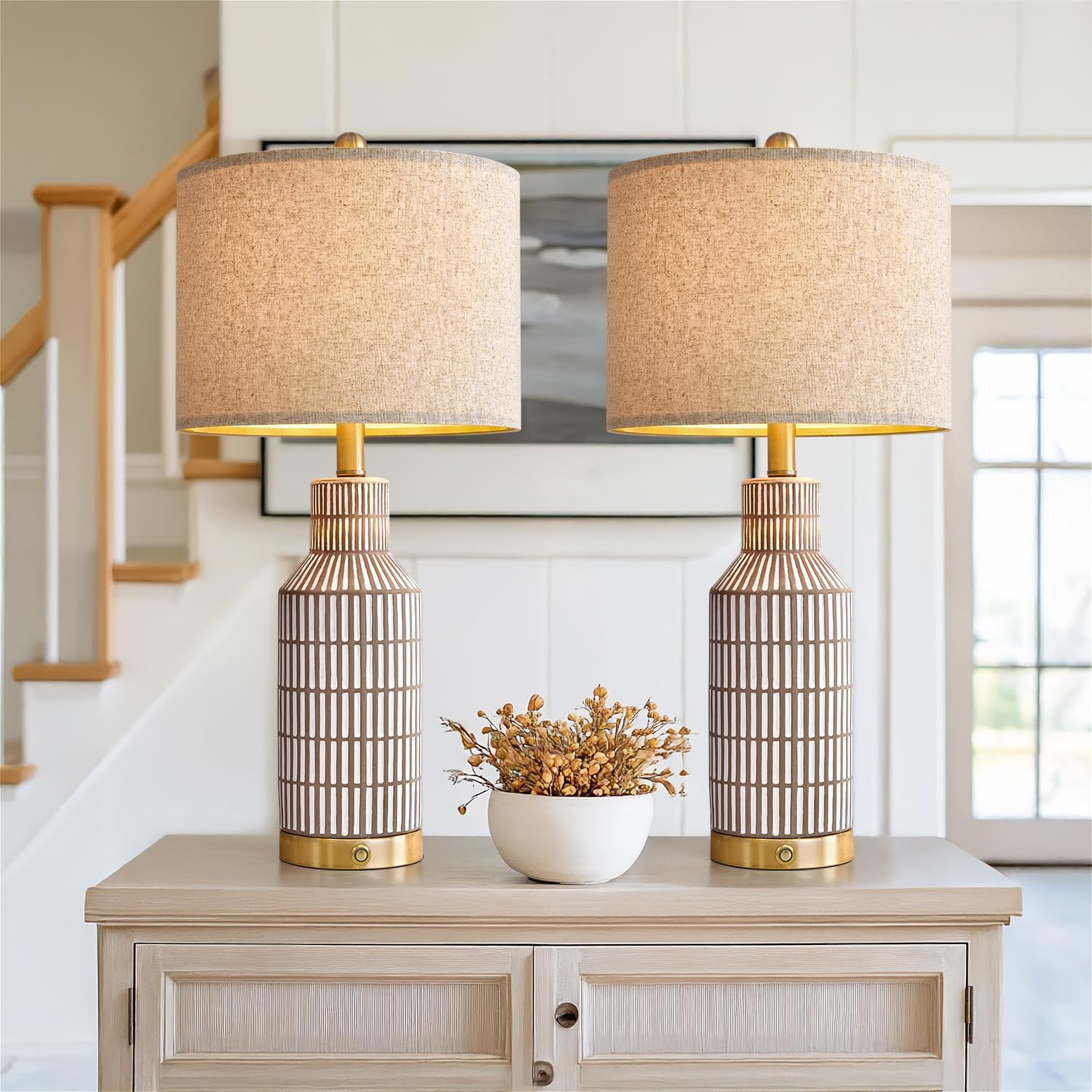 USumkky 25" Table Lamps Set of 2 - Modern Bedside Lamps for Living Room - White Washed Ceramic Nightstand Lamps for Bedroom