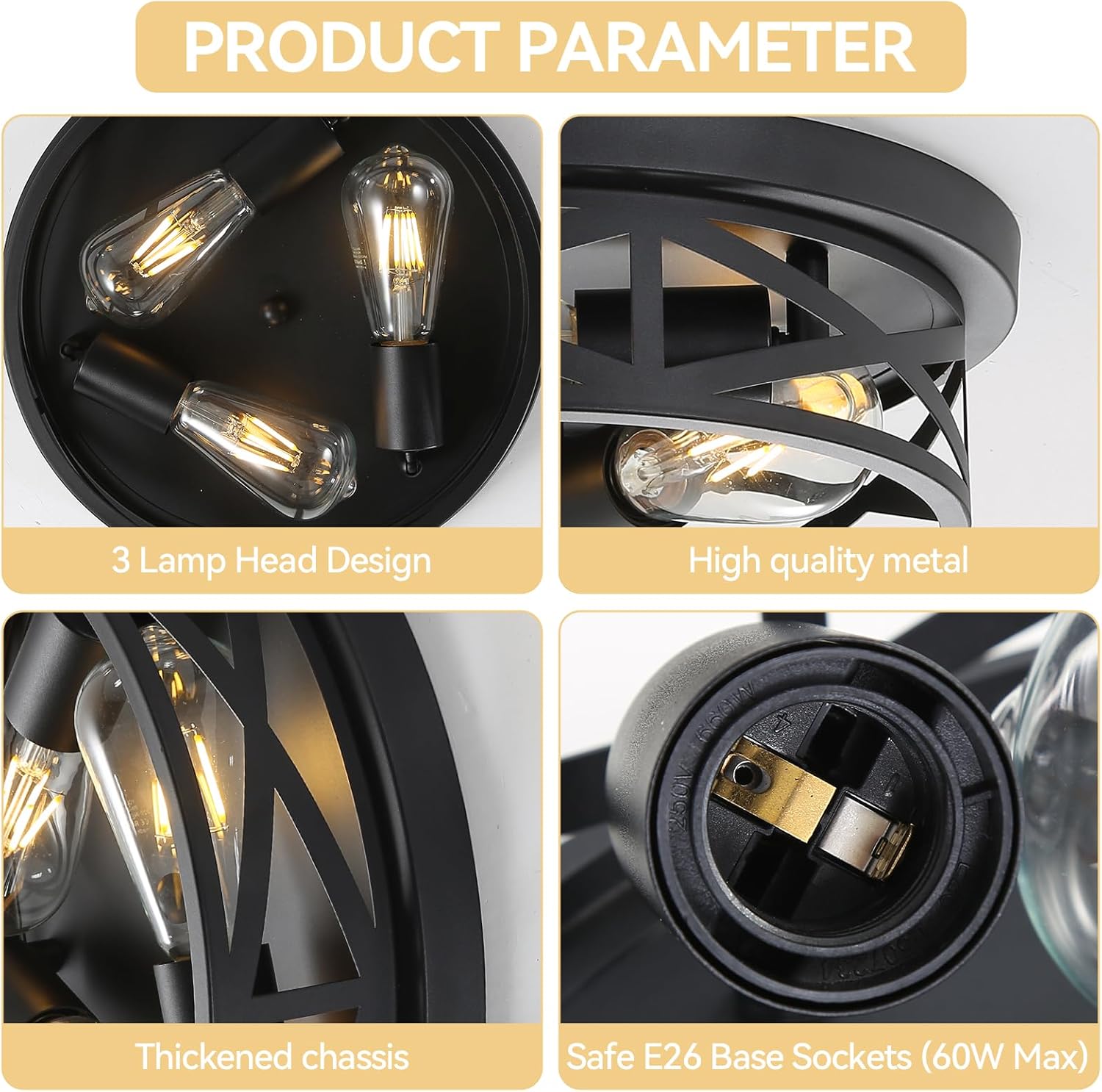 13 Inch Flush Mount Ceiling Light 2-Pack, Farmhouse Metal Cage Semi Flush Mount Ceiling Light Fixtures, Black Close to Ceiling Light for Hallway Kitchen Bedroom Entryway