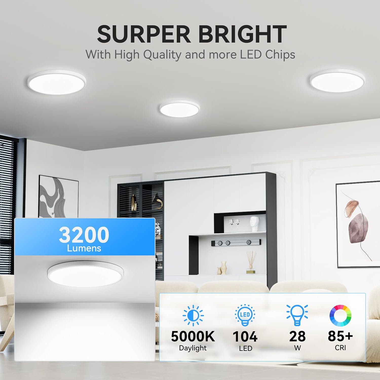 WKONCLDY 6PACK 3200lm LED Flush Mount Ceiling Light, Super Slim 12 inch LED Ceiling Light, 5000K Daylight LED Ceiling Light for Bedroom, Living Room, Dining Room, Garage and Office (White, Six Pack)