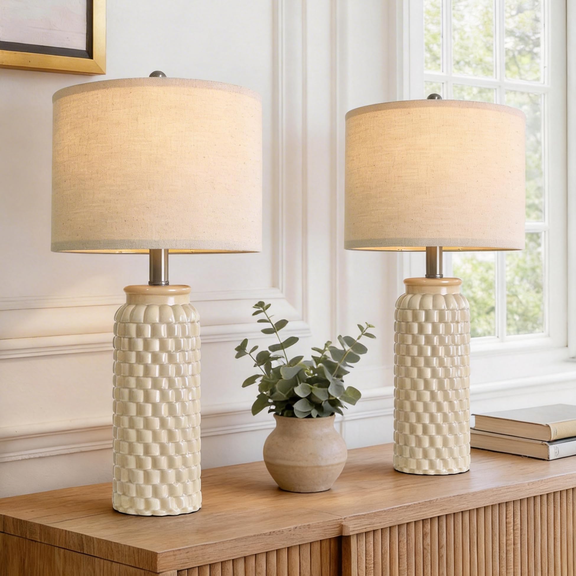 USumkky 20.5" White Modern Ceramic Bedside Lamp Set of 2 for Bedroom Decor Farmhouse Table Lamp for Living Room Office Dorm
