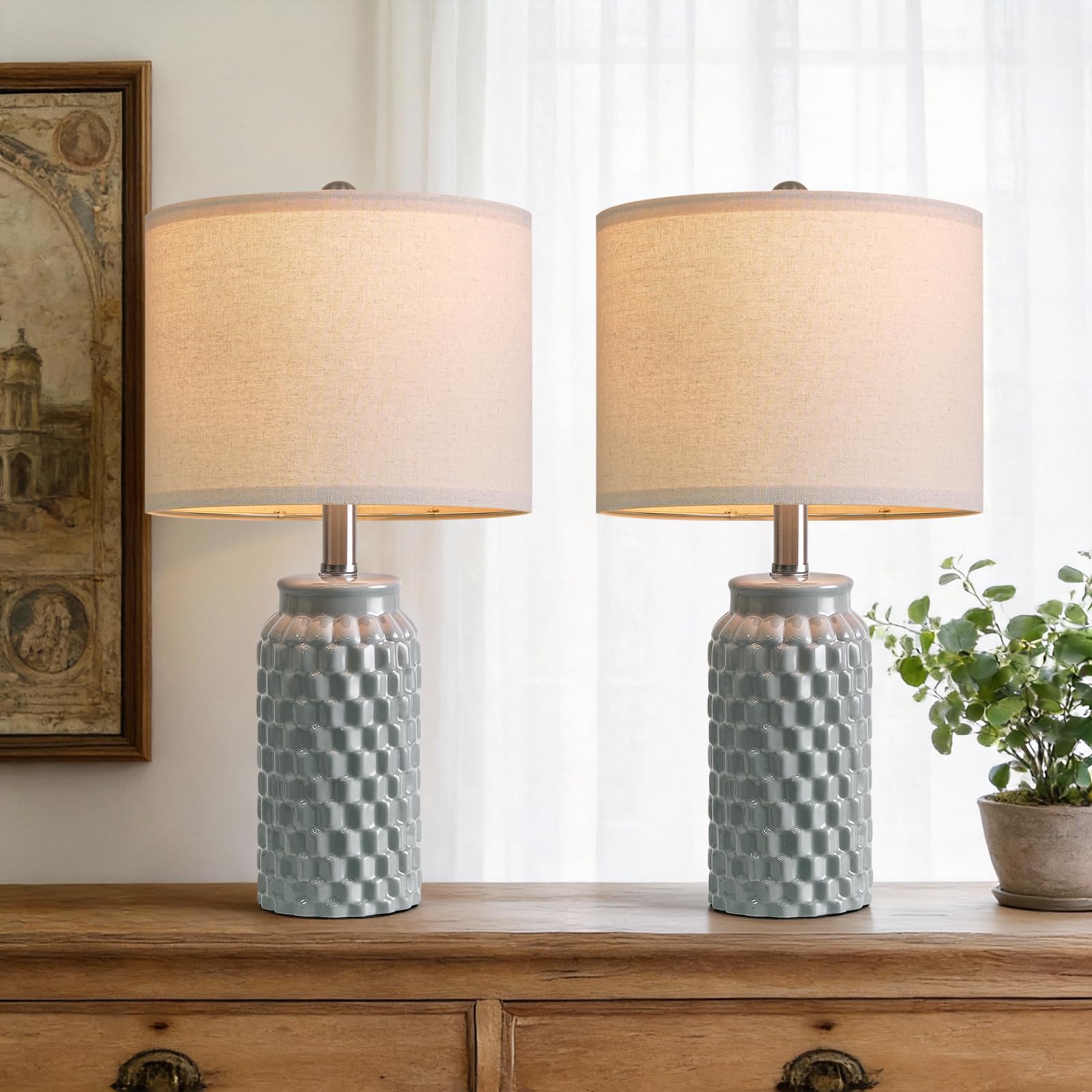 USumkky 20.5" White Modern Ceramic Bedside Lamp Set of 2 for Bedroom Decor Farmhouse Table Lamp for Living Room Office Dorm