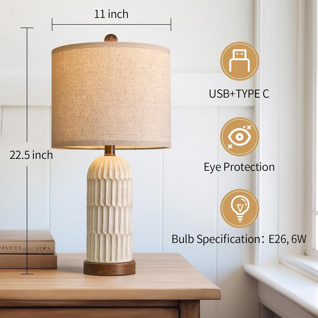 OYEARS 22.5" Table Lamp for Living Room,Retro Farmhouse Lamps for Nightstands Boho Bedroom Lamps Set of 2,with USB A+C Charging Ports,Beige and Brown
